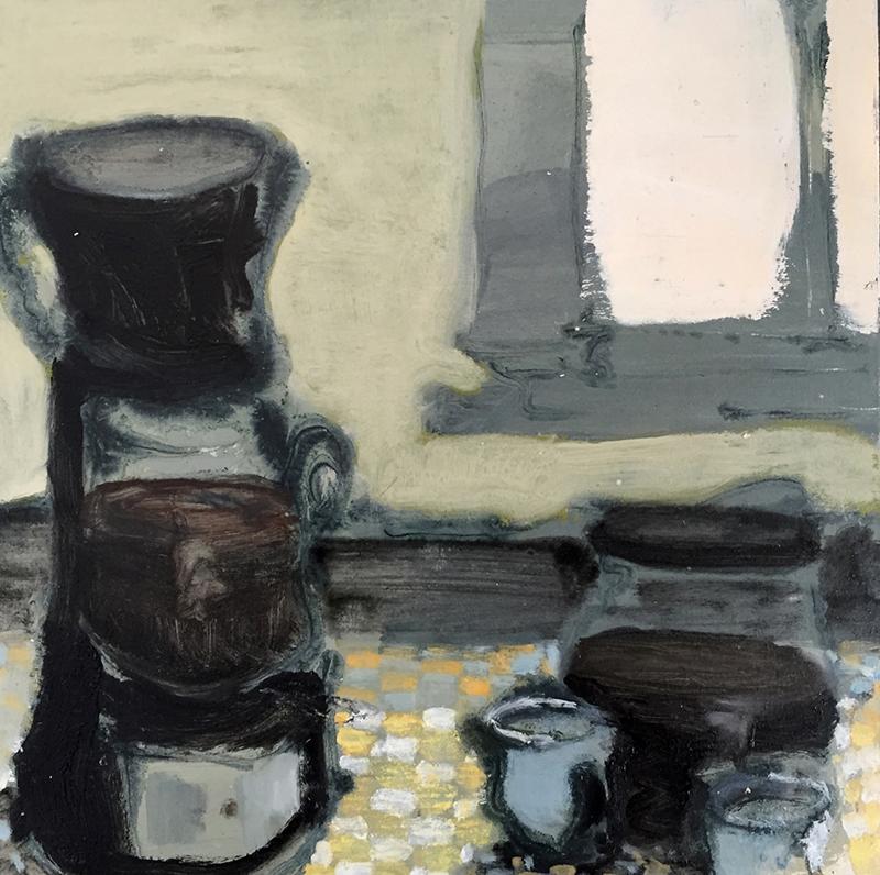 David Konigsberg Figurative Painting - Coffee (12 inch Contemporary Still Life of Coffee Pot on Kitchen Countertop)