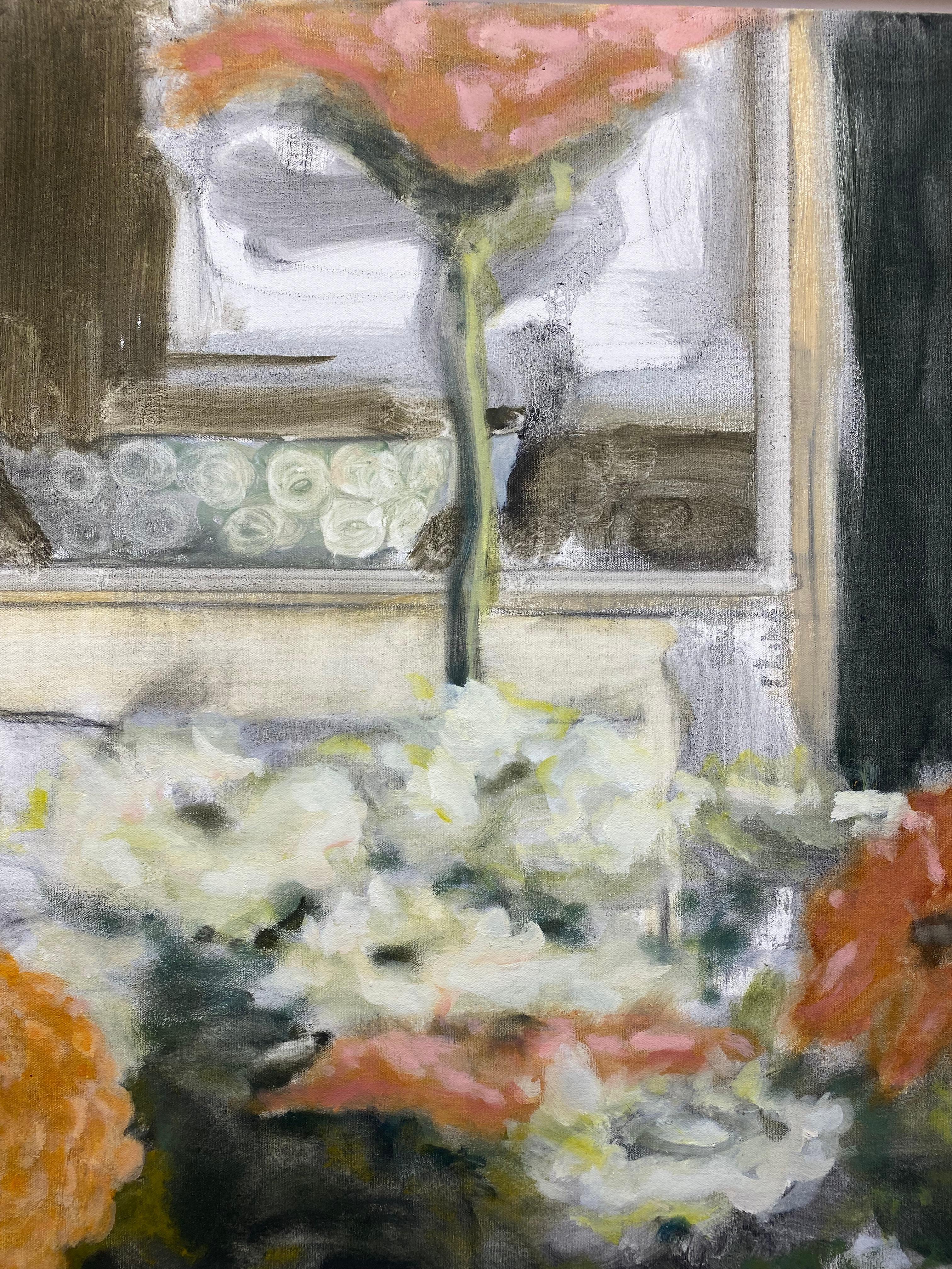 Vaso con zinnie - Natura morta botanica contemporanea Fiori di pesca Nero, 2017 in vendita 6