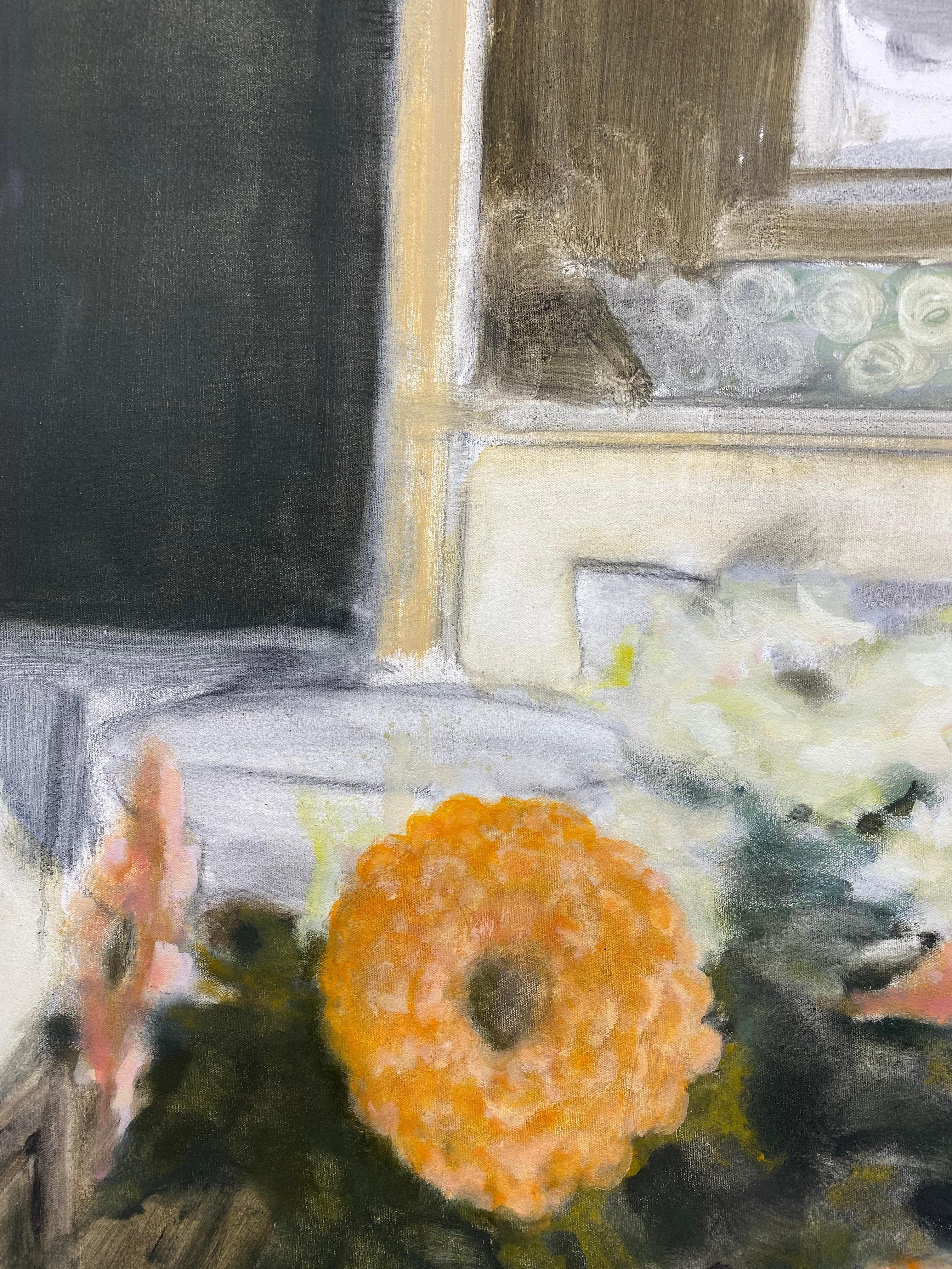 Vaso con zinnie - Natura morta botanica contemporanea Fiori di pesca Nero, 2017 in vendita 7