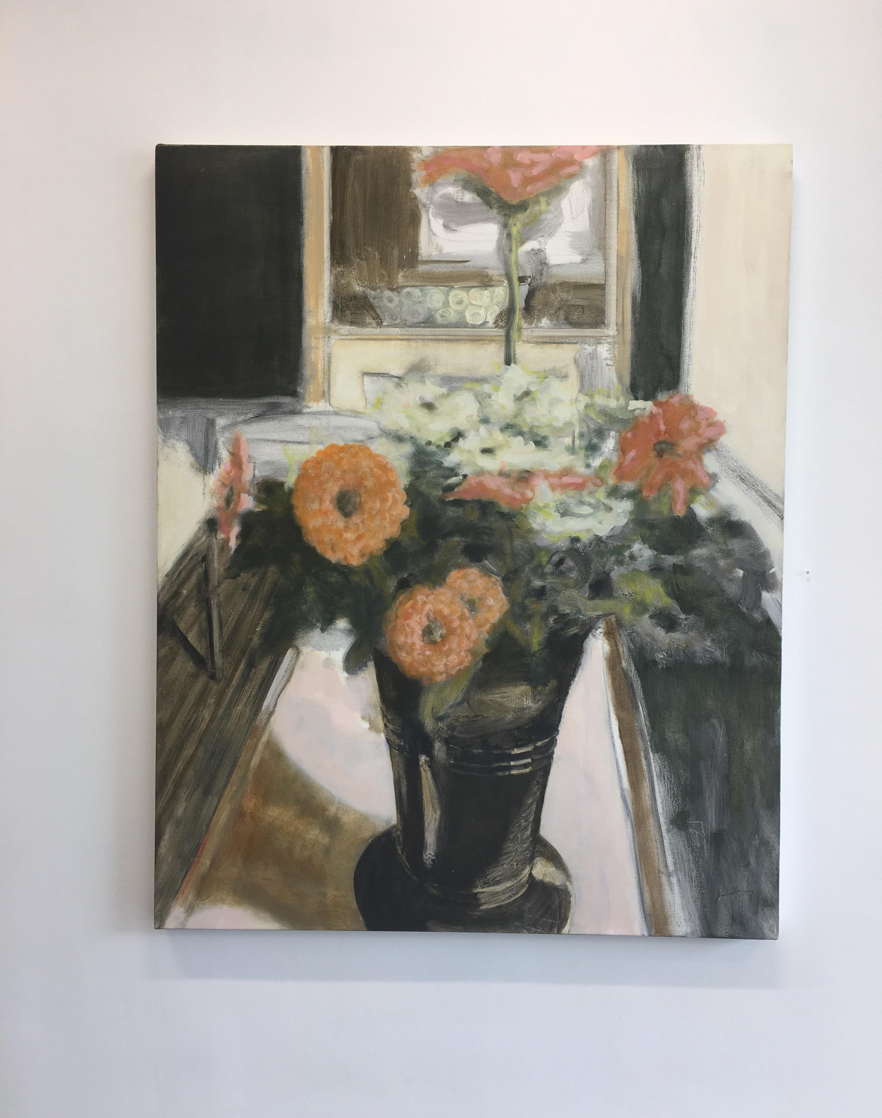 Vaso con zinnie - Natura morta botanica contemporanea Fiori di pesca Nero, 2017 - Painting Contemporaneo di David Konigsberg