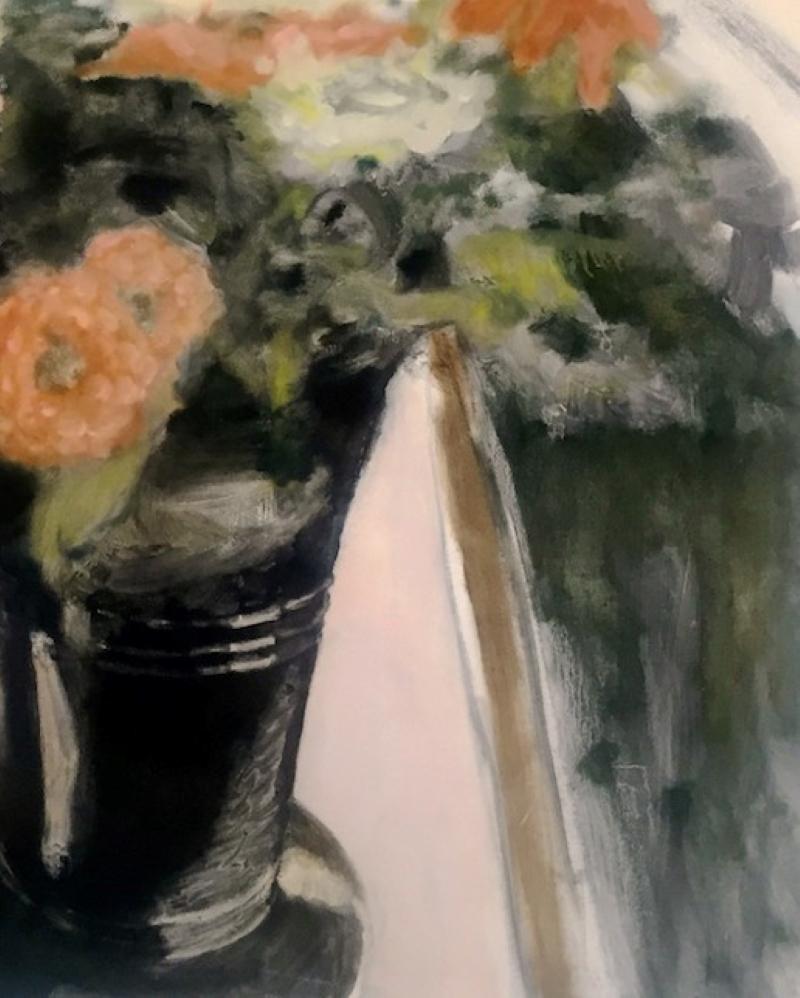 Vaso con zinnie - Natura morta botanica contemporanea Fiori di pesca Nero, 2017 in vendita 2