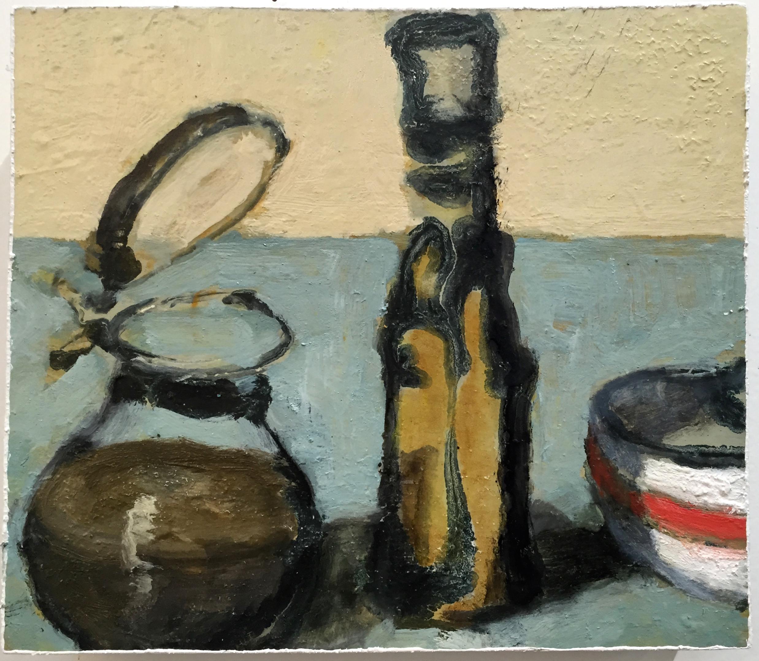 Figurative Painting David Konigsberg - Récipients de comptoir n° 2 (Charming Contemporary Still Life of Olive Oil Cruet - Nature morte contemporaine d'une cruche à huile d'olivier)