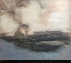 Day Cumulus, Blue, Gray and Beige Landscape Painting of Clouds, Sky and Horizon