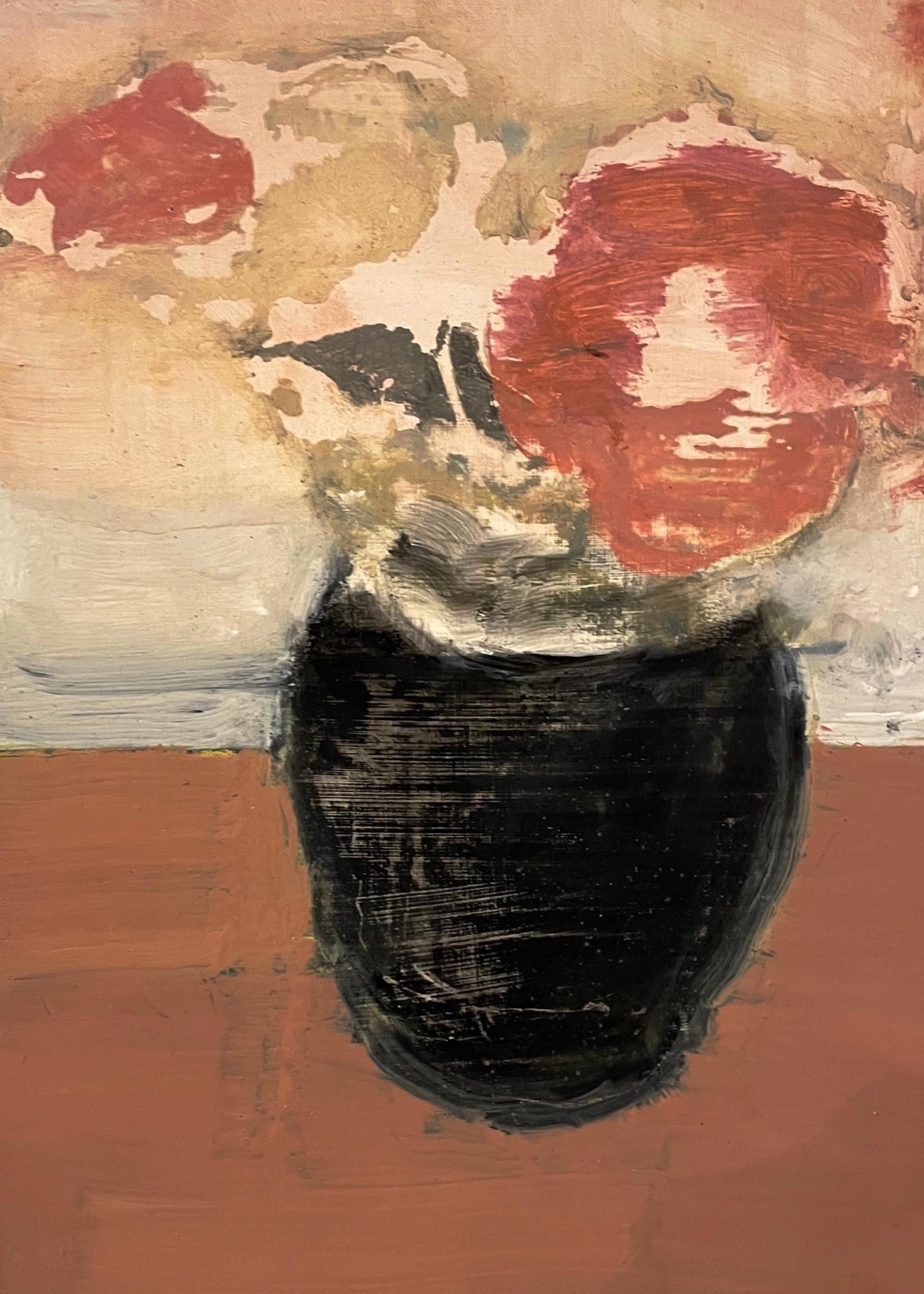 David Konigsberg Still-Life Painting - Deep Pinks, Coral Salmon Peach Flowers, Black Vase Botanical Still Life