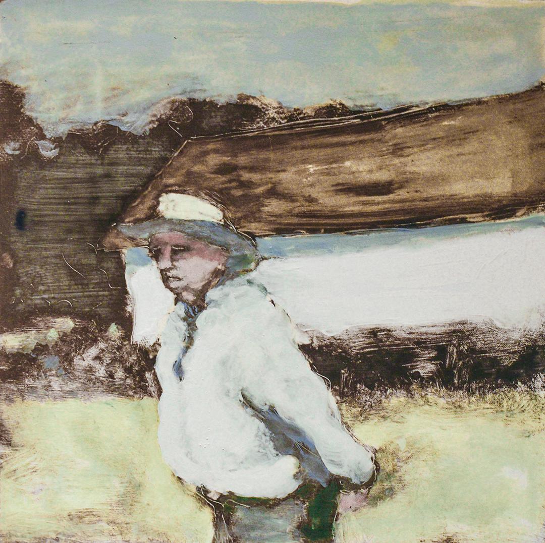 Abstracted figurative painting of an older man in a country landscape
"Del", painted by David Konigsberg in 2019
12 x 12 x 2 inches, monotype and oil mounted on panel
Ready to hang, sides are painted white so framing is not necessary
Wire backing