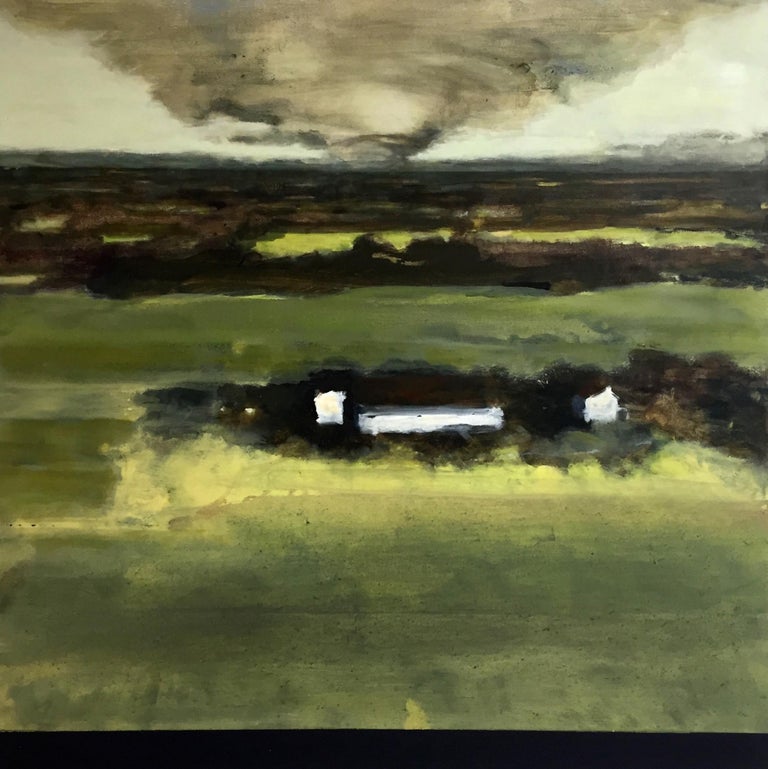 David Konigsberg
Distant Twister, 2019
42" X 42" x 1.5 inches, oil on canvas on panel
Signed, verso
This contemporary oil painting of a farm in green fields with a twister off in the distance was made by Hudson, NY based artist, David Konigsberg,