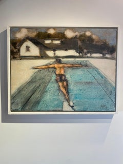Dive 2 PM, Summer Landscape, Figure, Swimming Pool, Brown White House, Blue Sky
