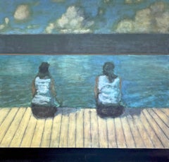 Dock (Figurative Painting of Two Women in a Turquoise River Valley Landscape)