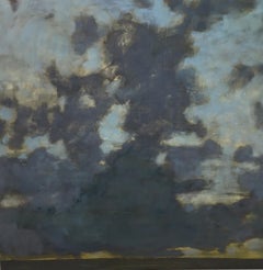 Dusk, Square Landscape Painting of Clouds, Sky, Field in Grey, Blue, Gold