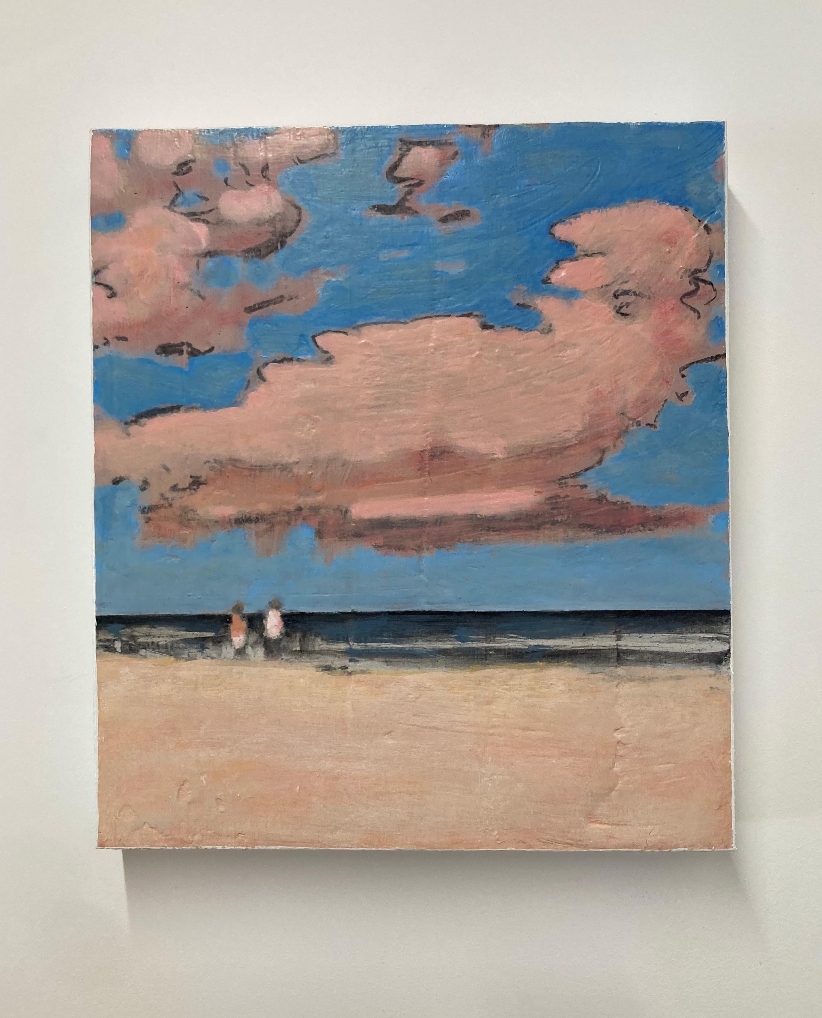 Eleven O-Five, Pale Salmon Pink Sand, Clouds, Blue Sky, Summer Beach, Beachscape - Painting by David Konigsberg