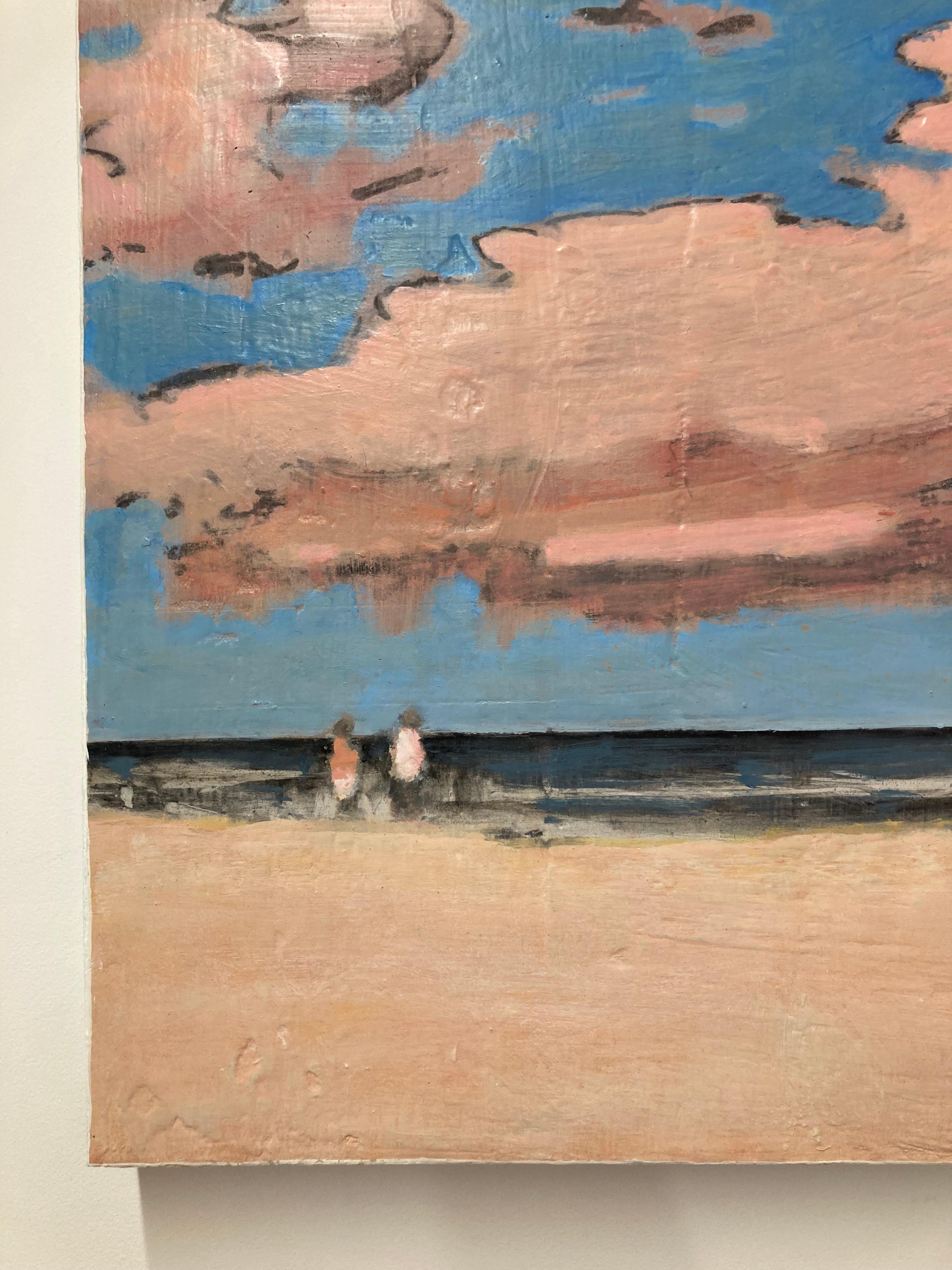 Two figures stand by the shore of a beach, appearing to gaze out at the deep blue ocean, while fluffy, pale salmon pink cumulus clouds float in the idyllic blue sky overhead. Signed, dated and titled on verso.

David Konigsberg applies many layers