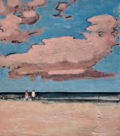 Eleven O-Five, sable rose saumon pâle, nuages, ciel bleu, plage d'été