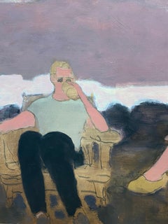 Evening, Figures on Mustard Chairs, Pink Clouds Sky Summer Landscape, Brown