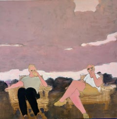 Evening, Figures on Mustard Chairs, Pink Clouds Sky Summer Landscape, Brown