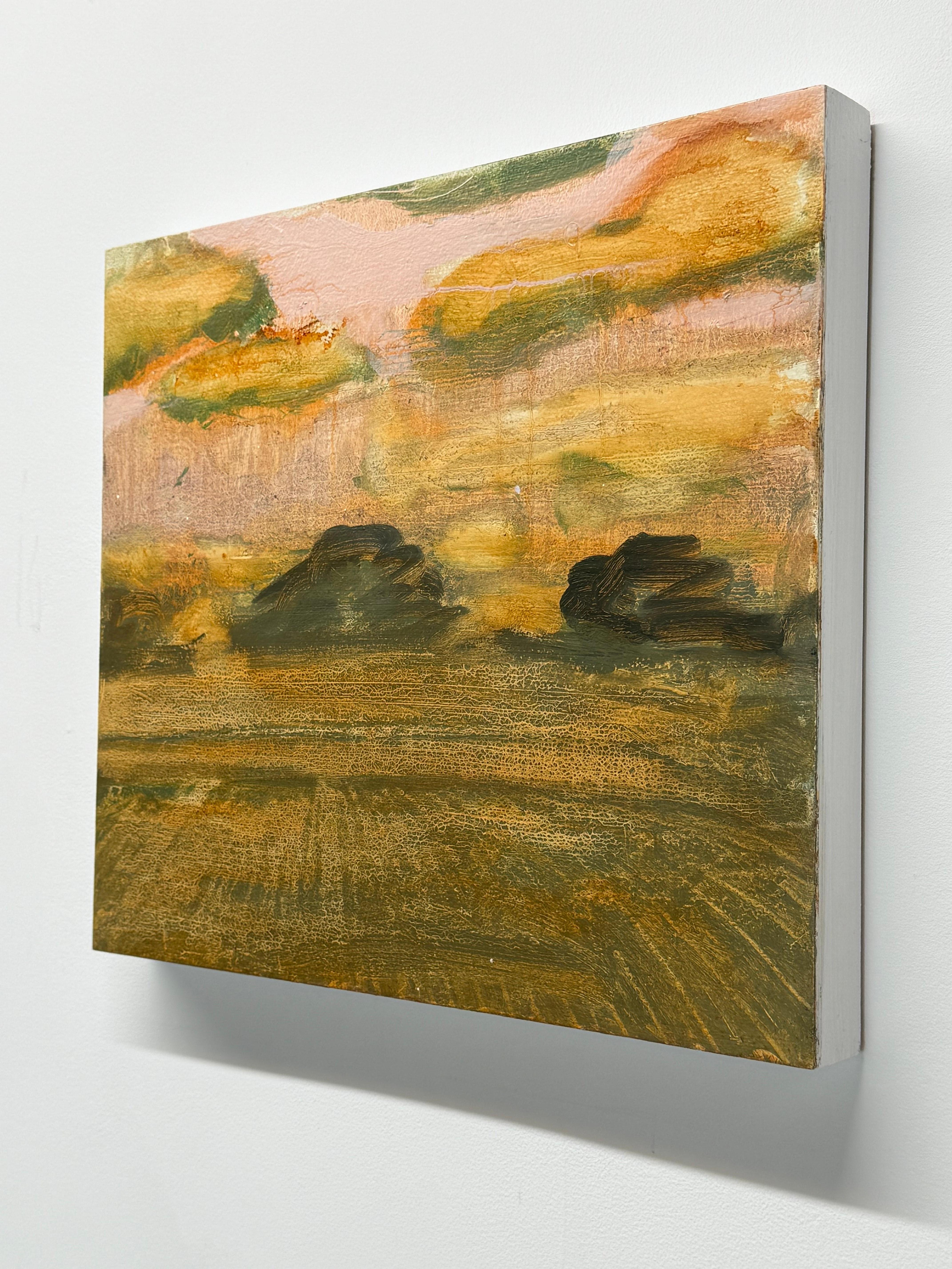 Champ et verger - Paysage contemporain Ciel Nuages Arbres Jaune d'or, 2025 en vente 6