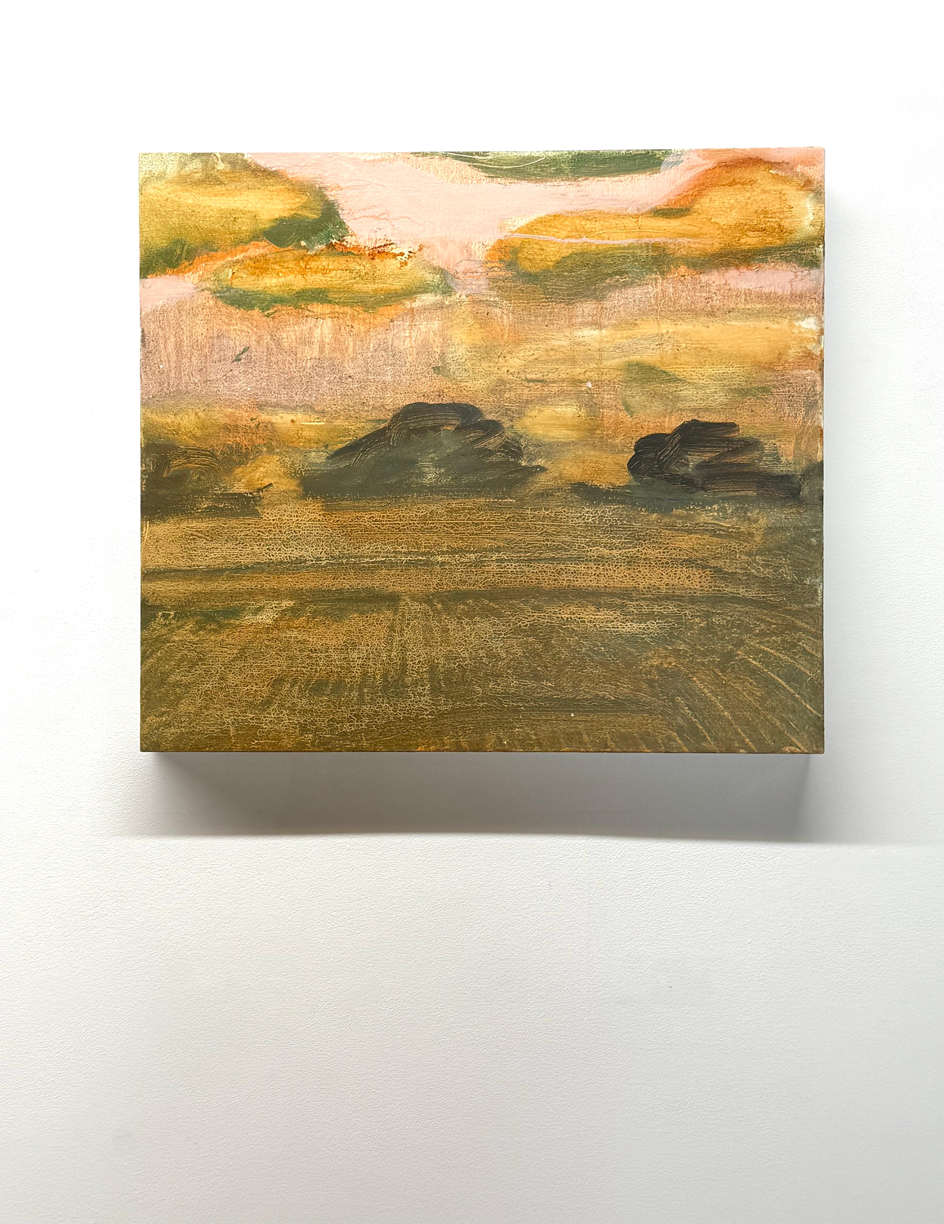 Champ et verger - Paysage contemporain Ciel Nuages Arbres Jaune d'or, 2025 - Painting de David Konigsberg