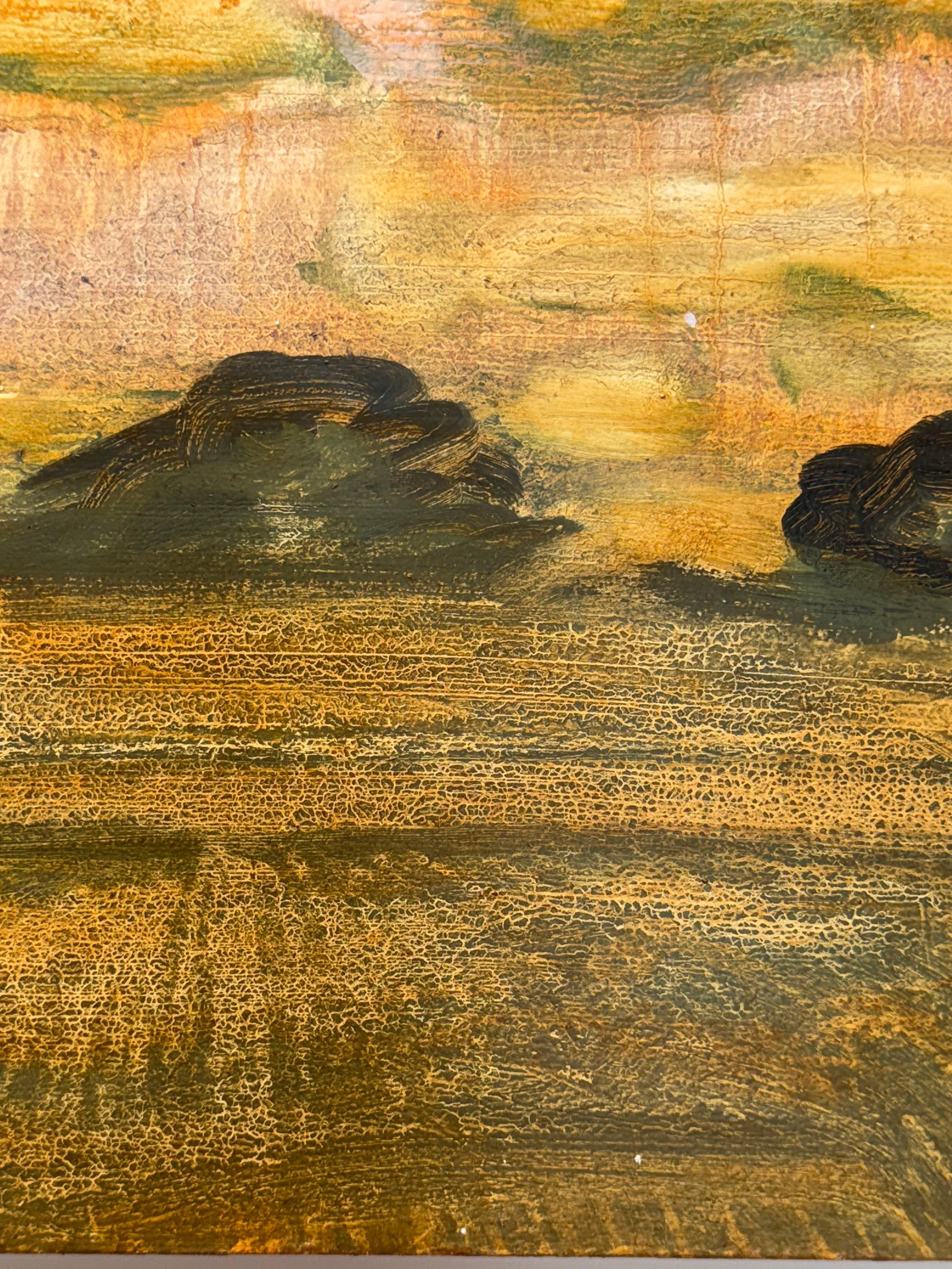 Champ et verger - Paysage contemporain Ciel Nuages Arbres Jaune d'or, 2025 - Marron Landscape Painting par David Konigsberg