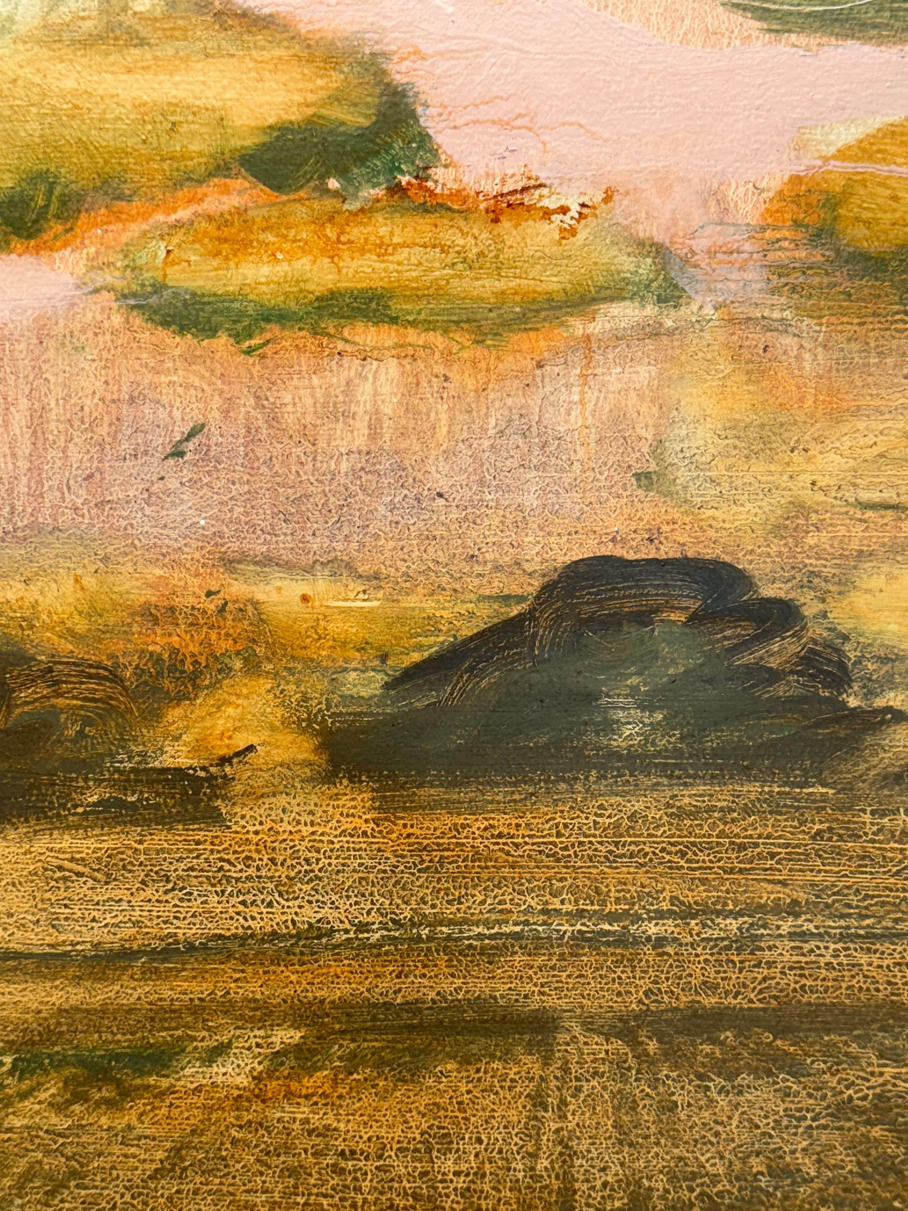 Ce paysage contemporain peint à l'huile sur panneau par David Konigsberg capture le drame et la beauté sublime de la vallée de l'Hudson, dans l'État de New York. L'artiste est largement reconnu pour ses nuages et cette peinture est l'une de ses