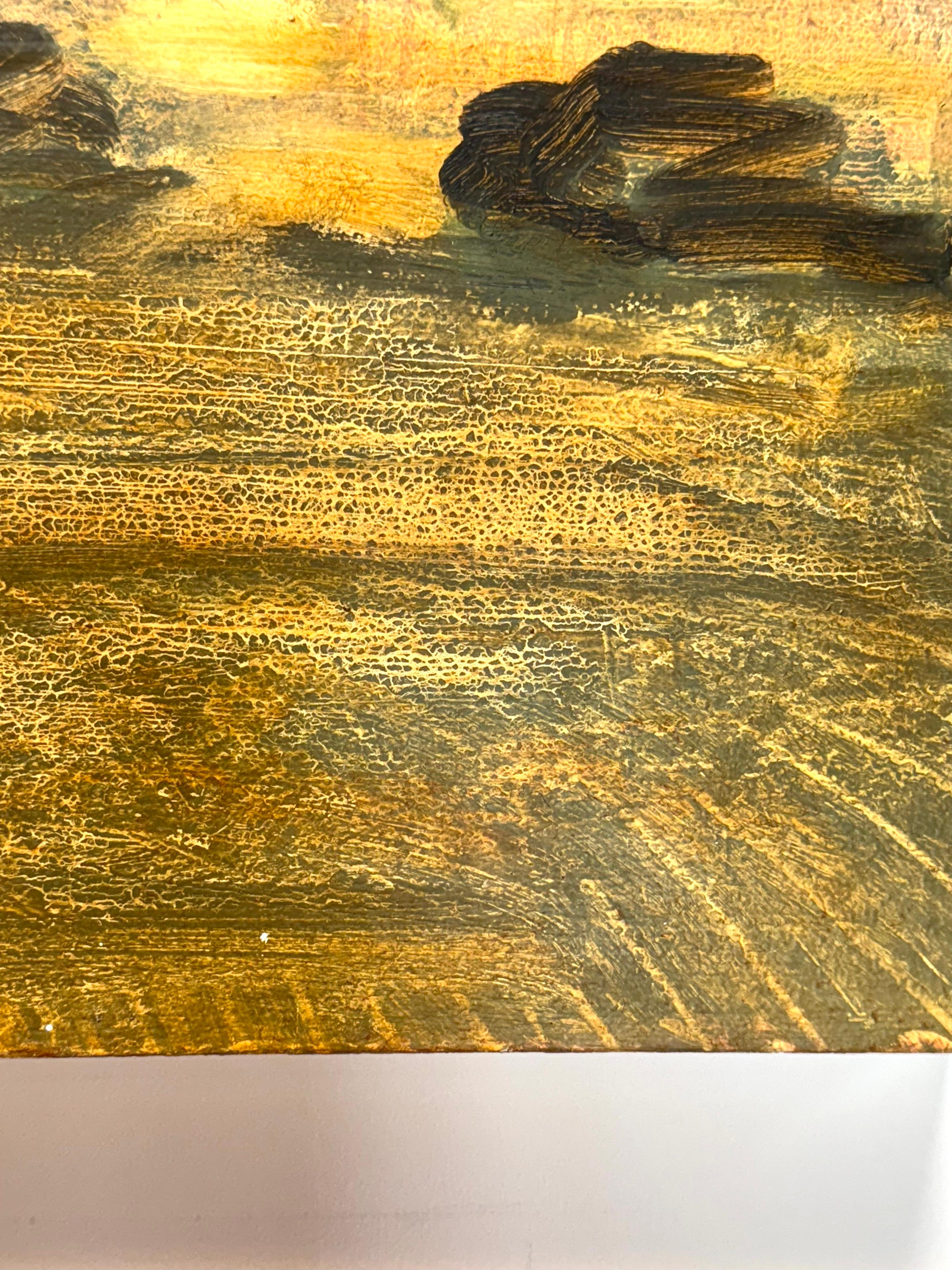 Champ et verger - Paysage contemporain Ciel Nuages Arbres Jaune d'or, 2025 en vente 1