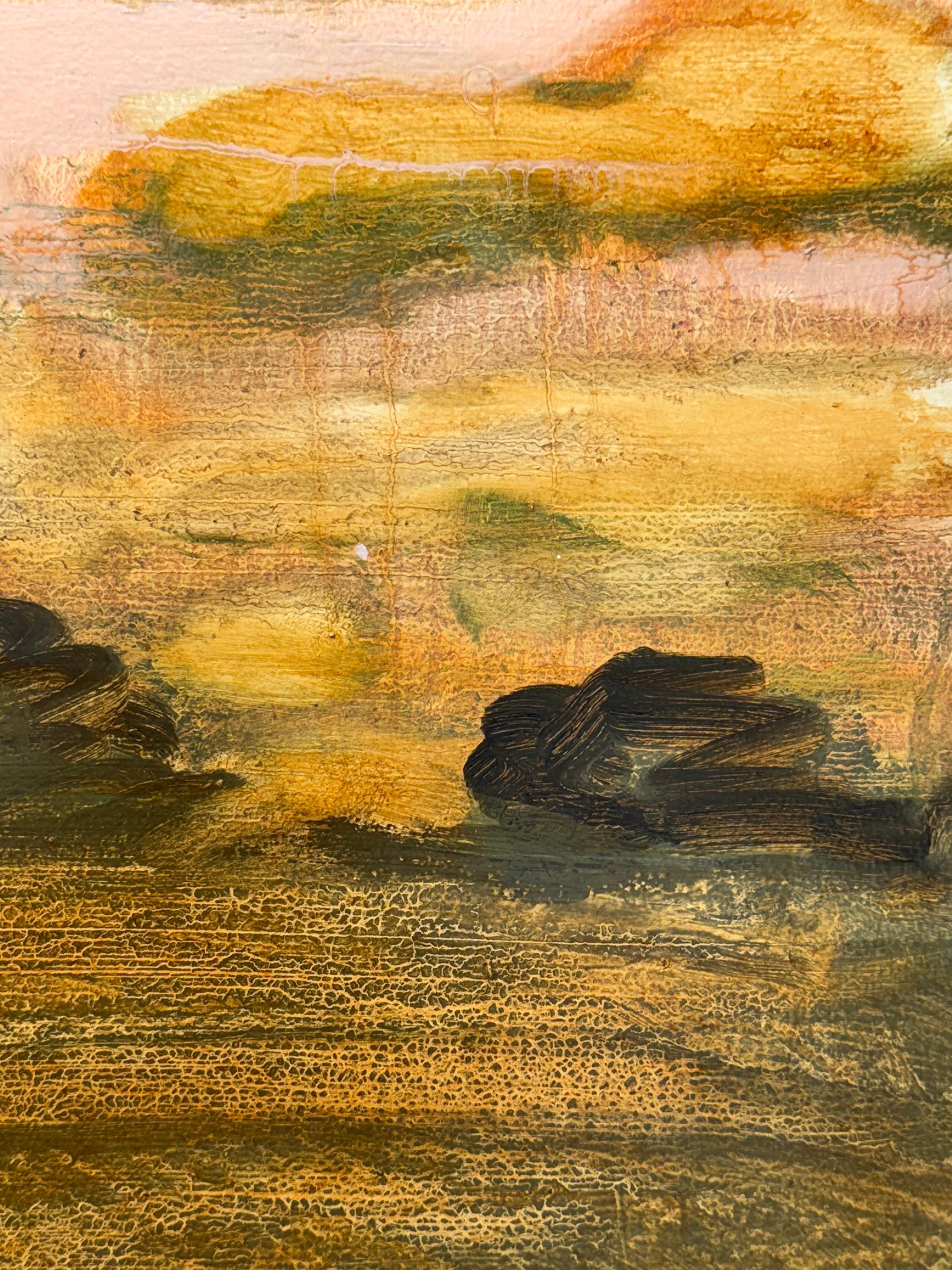 Champ et verger - Paysage contemporain Ciel Nuages Arbres Jaune d'or, 2025 en vente 2