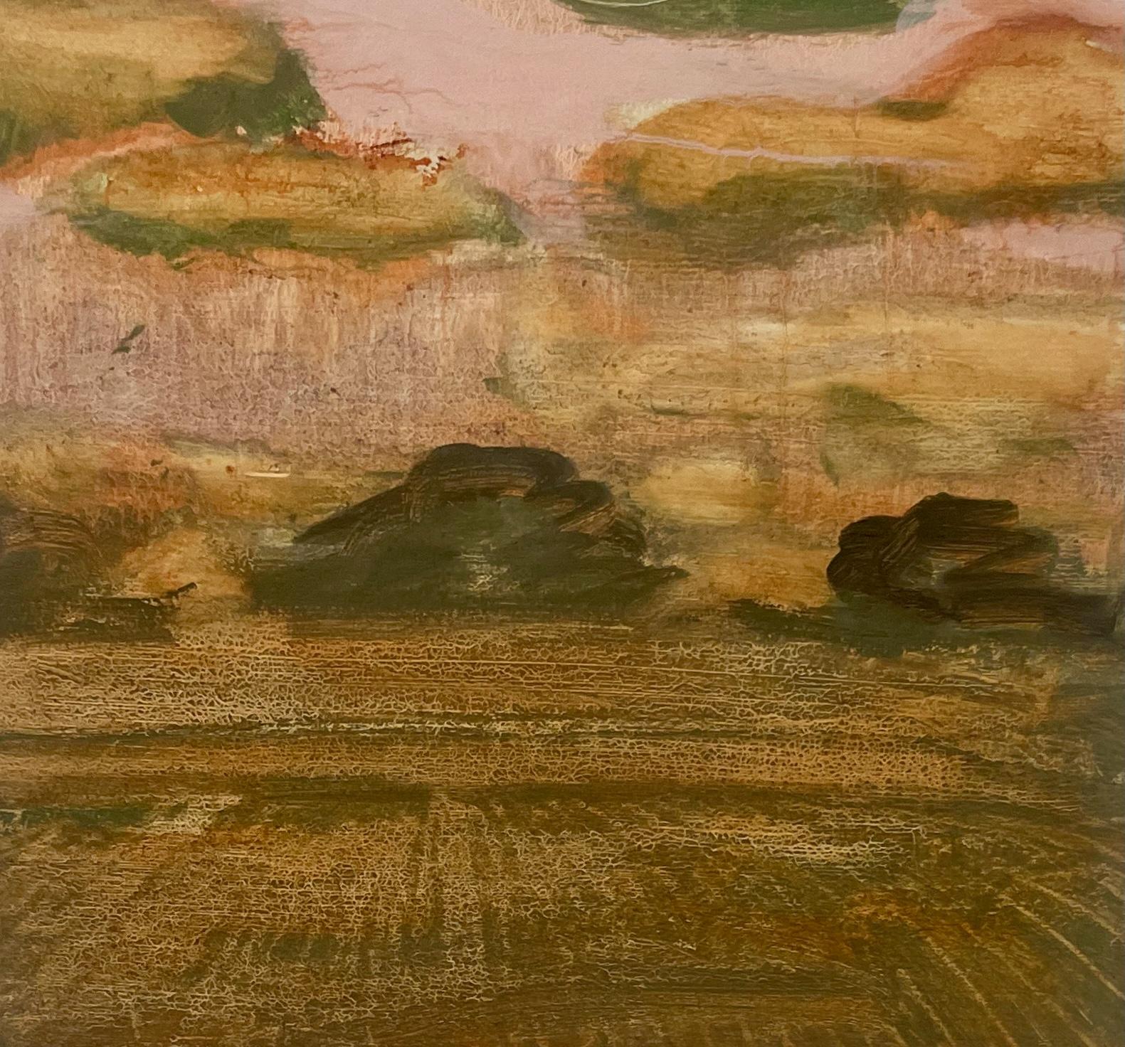 Landscape Painting David Konigsberg - Champ et verger - Paysage contemporain Ciel Nuages Arbres Jaune d'or, 2025