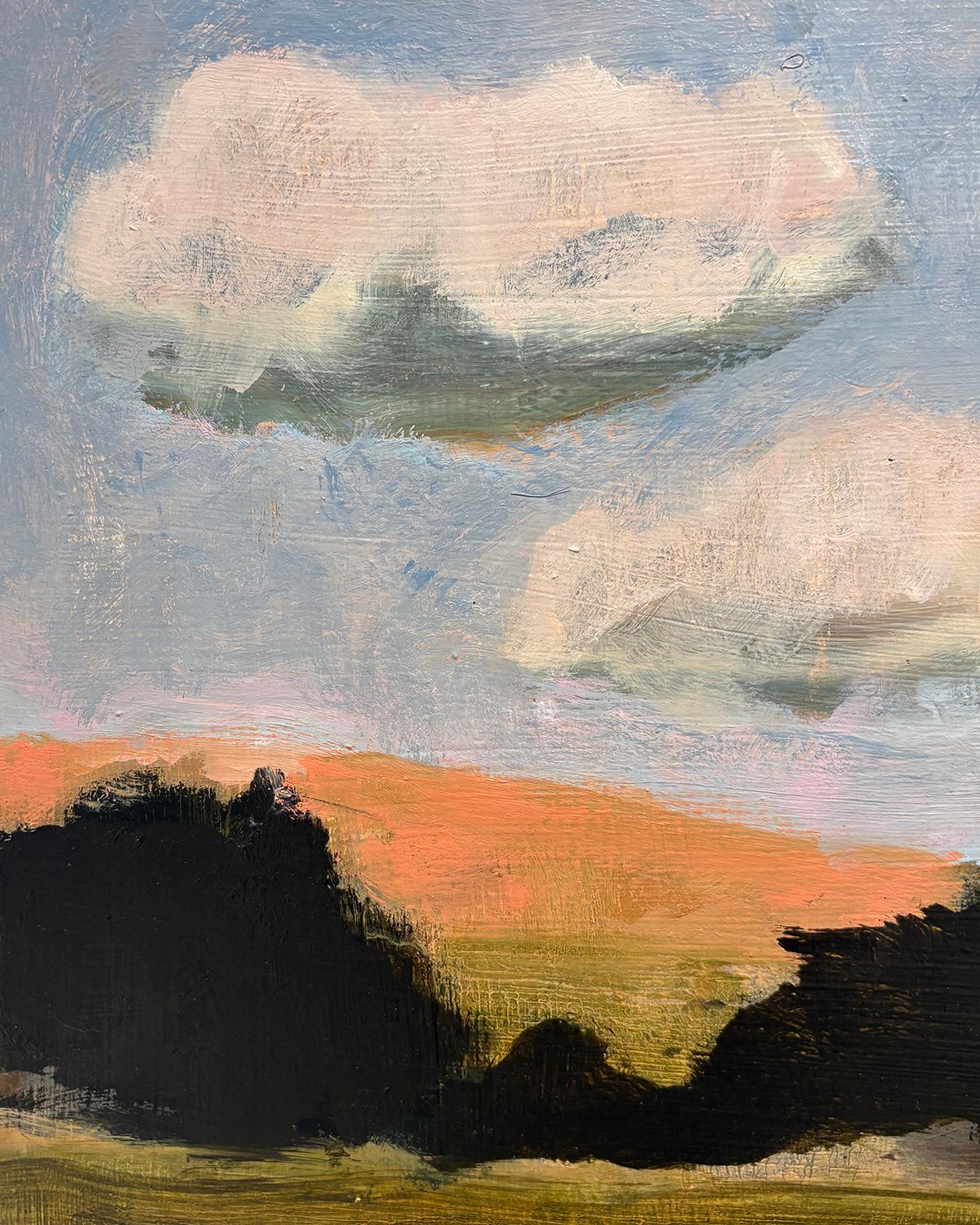 Feld und Obstgarten (Land und Himmelslandschaft mit offenem Feld und dunklem Baumbestand) (Braun), Figurative Painting, von David Konigsberg