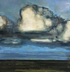 Field Late Afternoon, Blue, Cream, Green Landscape Painting Clouds in Sky Field