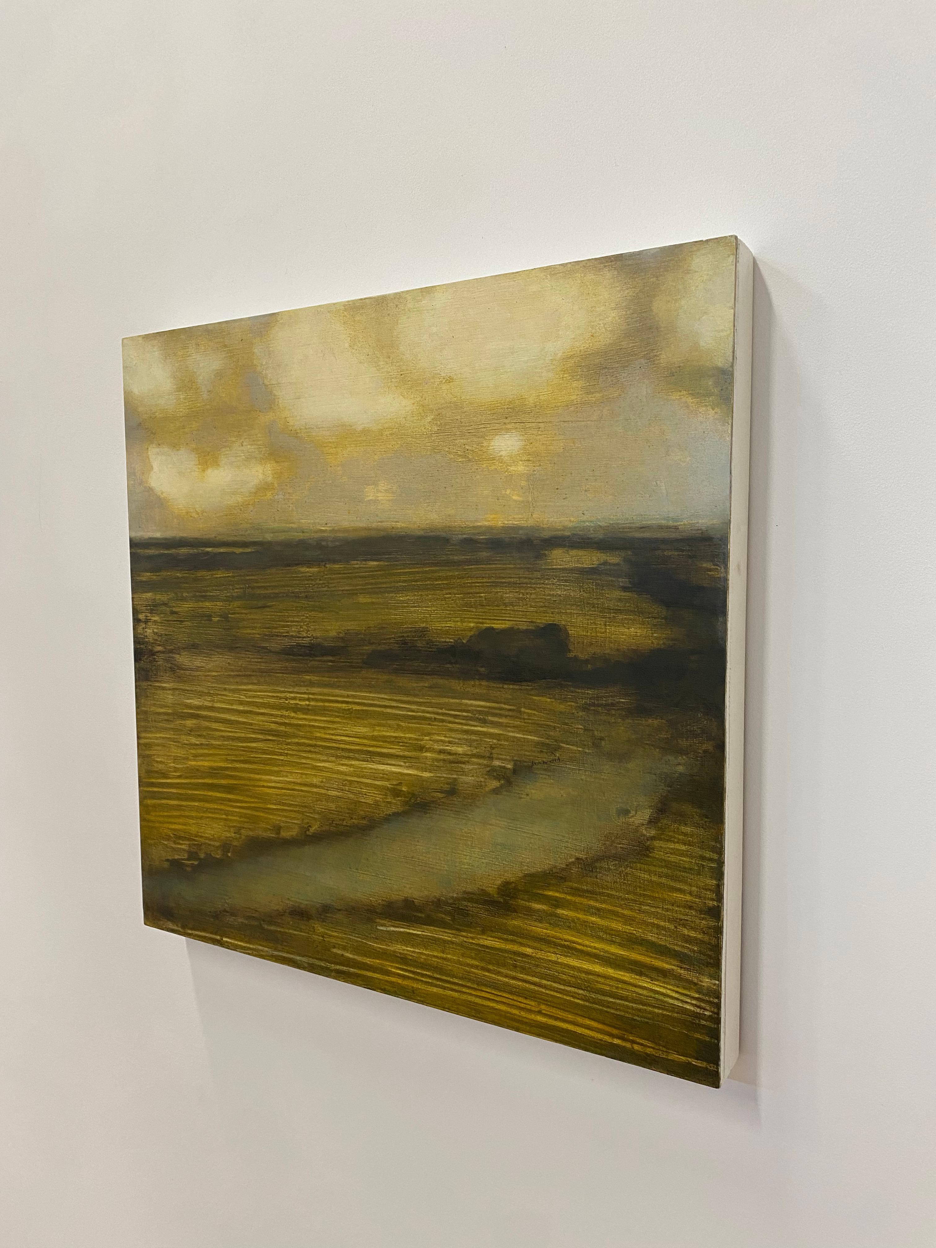 Field with Creek, Landscape Painting, Gold and Cream Clouds Over Brown Field For Sale 9