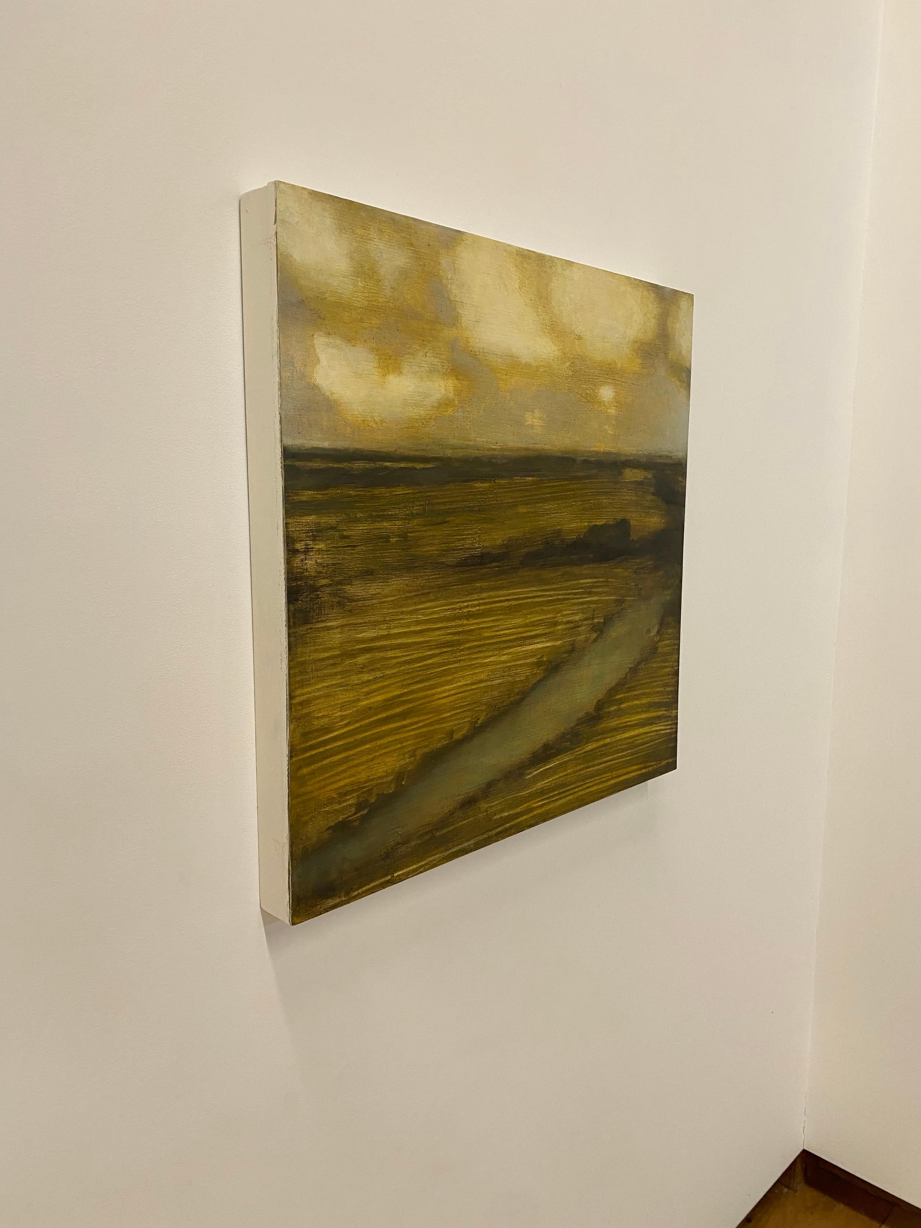 Peinture de terrain avec ruisseau, paysage, nuages dorés et crème sur terrain brun - Contemporain Painting par David Konigsberg