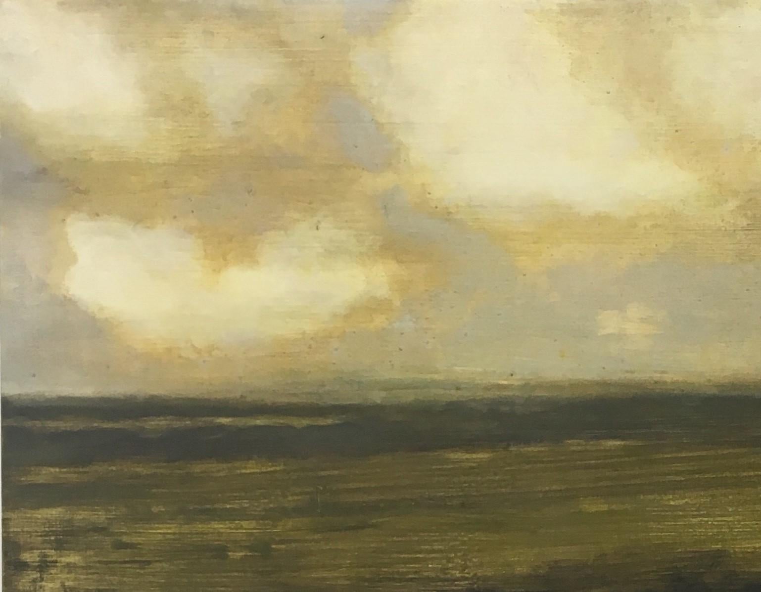 Peinture de terrain avec ruisseau, paysage, nuages dorés et crème sur terrain brun en vente 1
