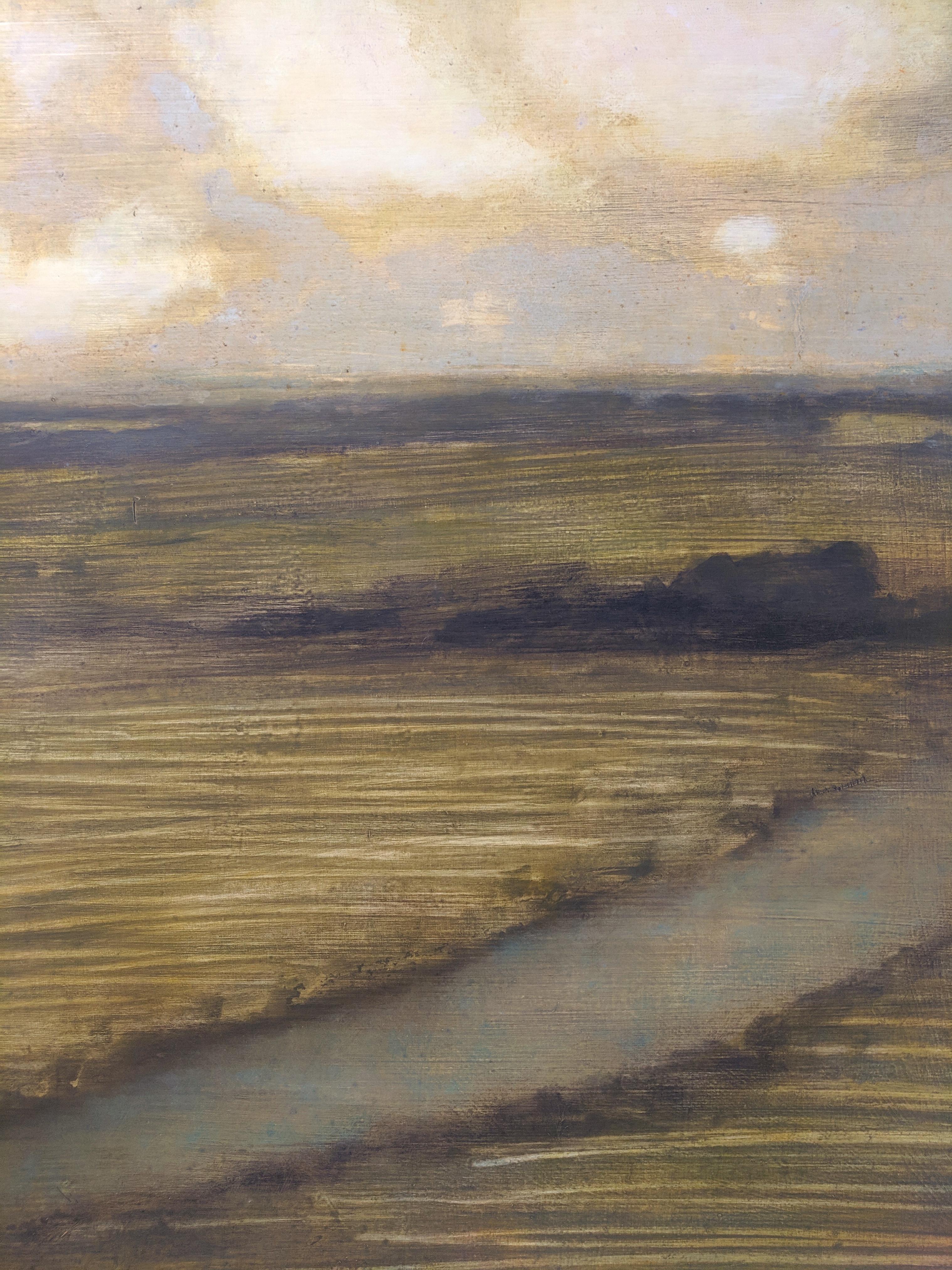 Peinture de terrain avec ruisseau, paysage, nuages dorés et crème sur terrain brun en vente 2