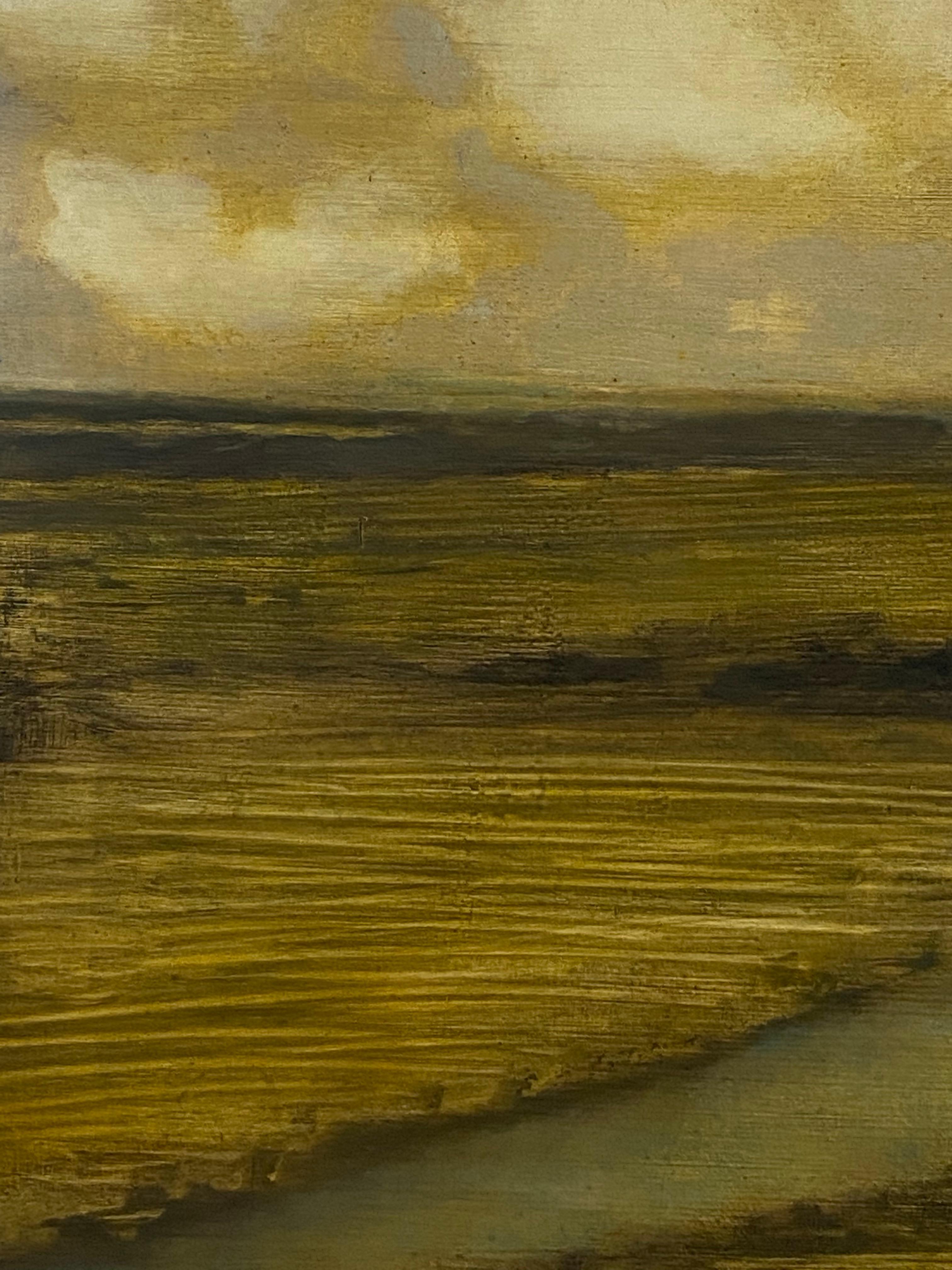 Peinture de terrain avec ruisseau, paysage, nuages dorés et crème sur terrain brun en vente 4