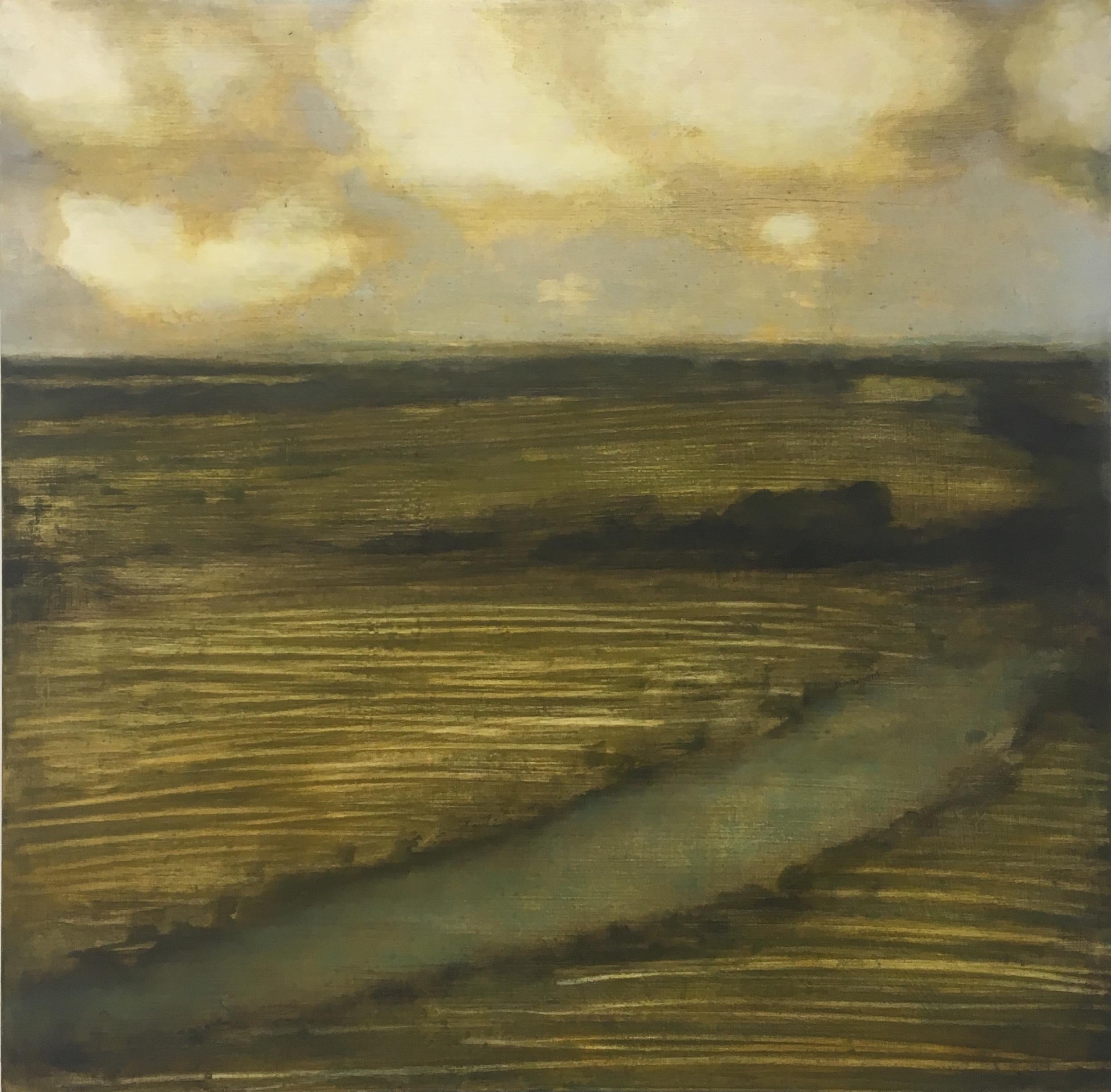 Landscape Painting David Konigsberg - Peinture de terrain avec ruisseau, paysage, nuages dorés et crème sur terrain brun