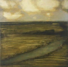 Field with Creek, Landscape Painting, Gold and Cream Clouds Over Brown Field