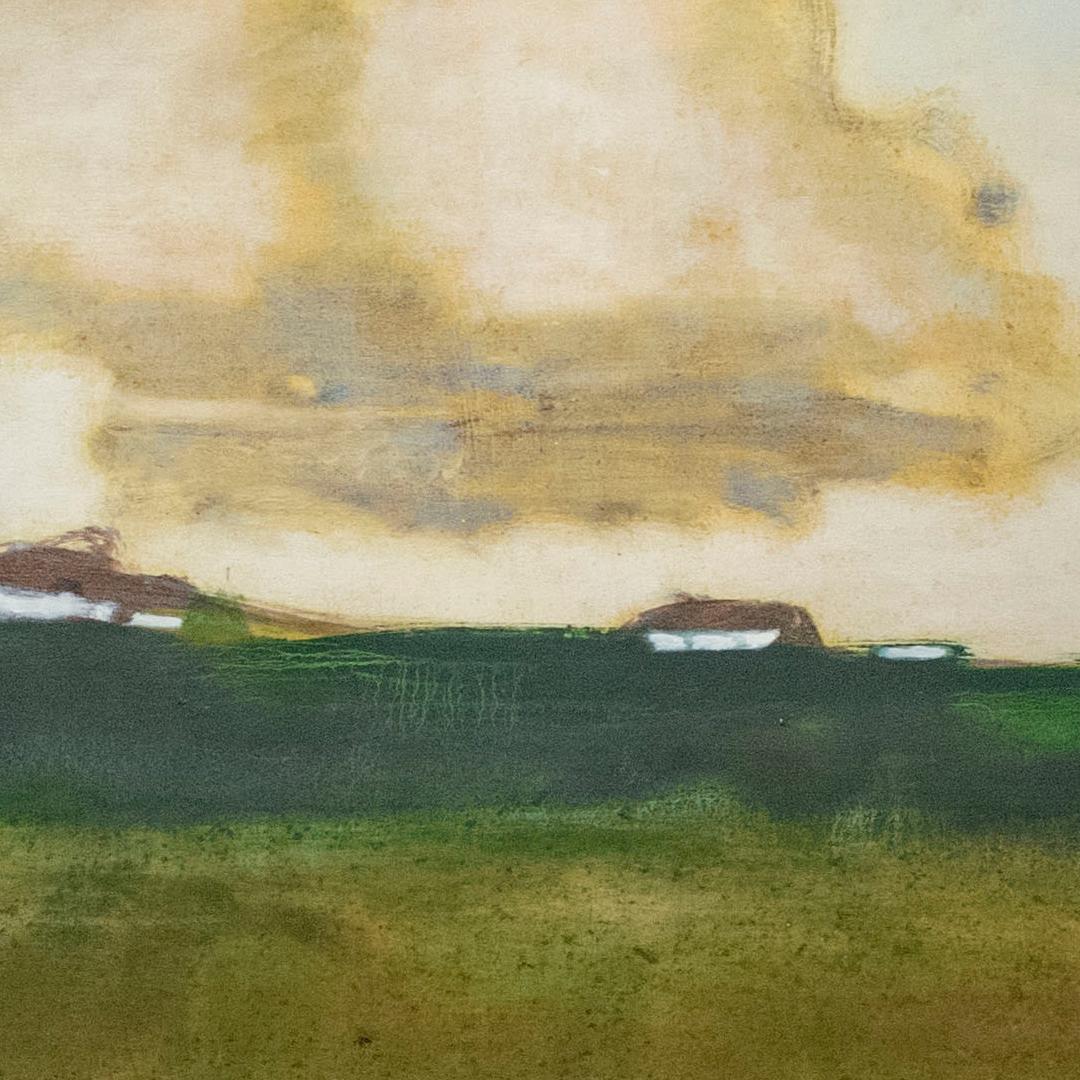 Abstracted landscape painting on canvas of a country farm 
Fields and Houses , 2019
Oil on canvas
48