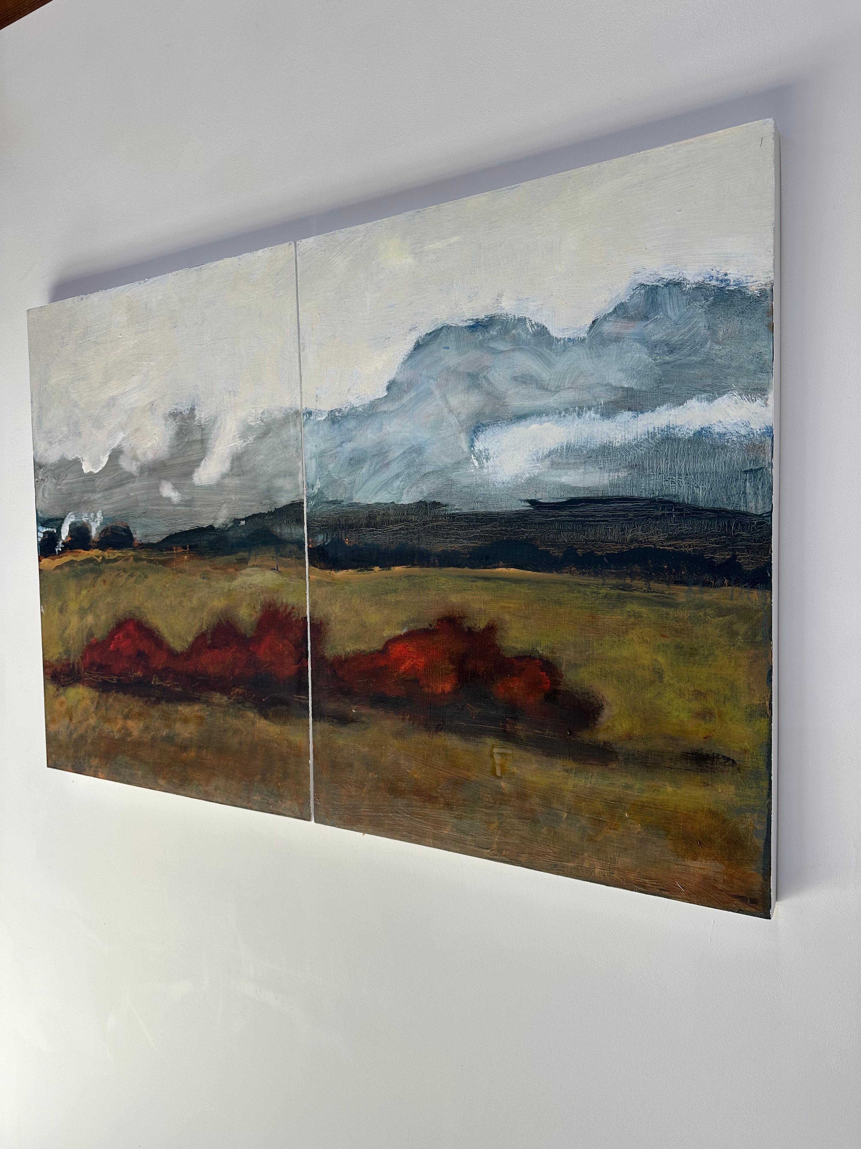 Firebush - Contemporary Landscape Clouds Brown Mountain Hills Red Bush, 2024 (en anglais) en vente 6