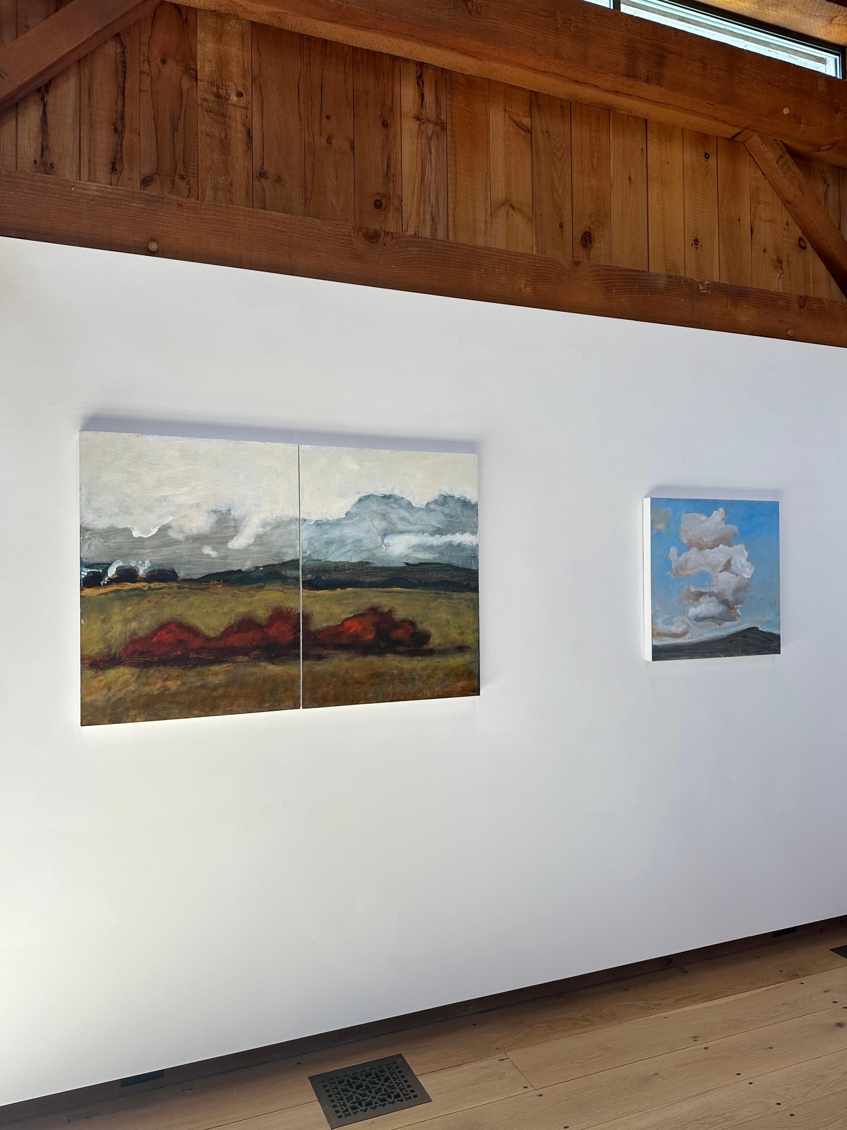 Firebush - Contemporary Landscape Clouds Brown Mountain Hills Red Bush, 2024 (en anglais) - Painting de David Konigsberg