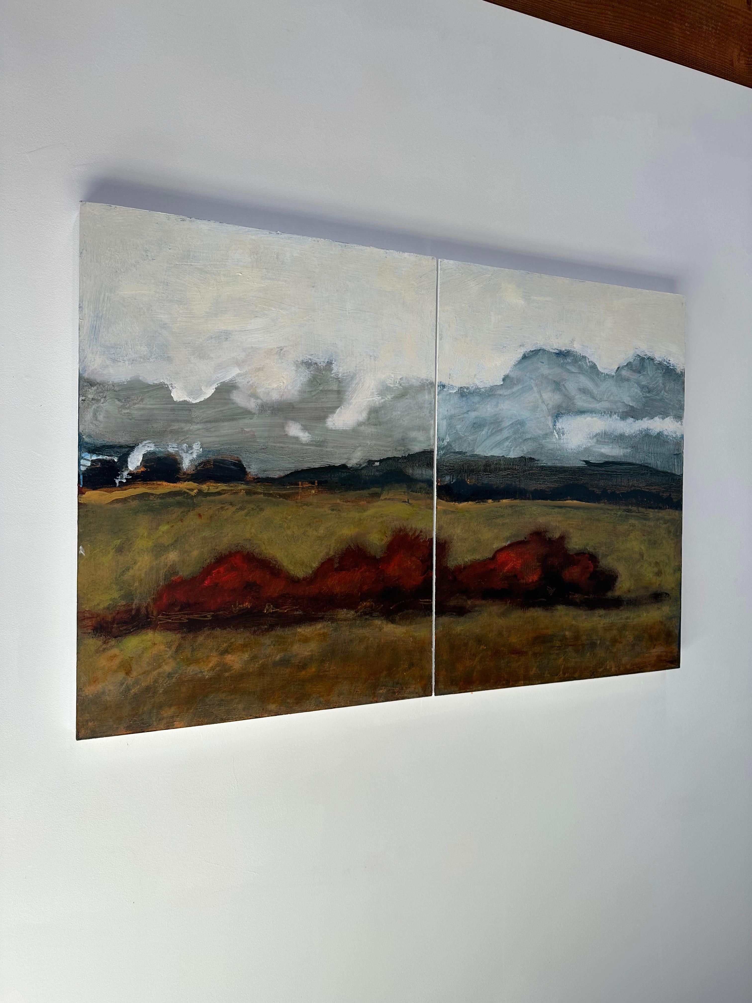 Firebush - Contemporary Landscape Clouds Brown Mountain Hills Red Bush, 2024 (en anglais) - Marron Landscape Painting par David Konigsberg