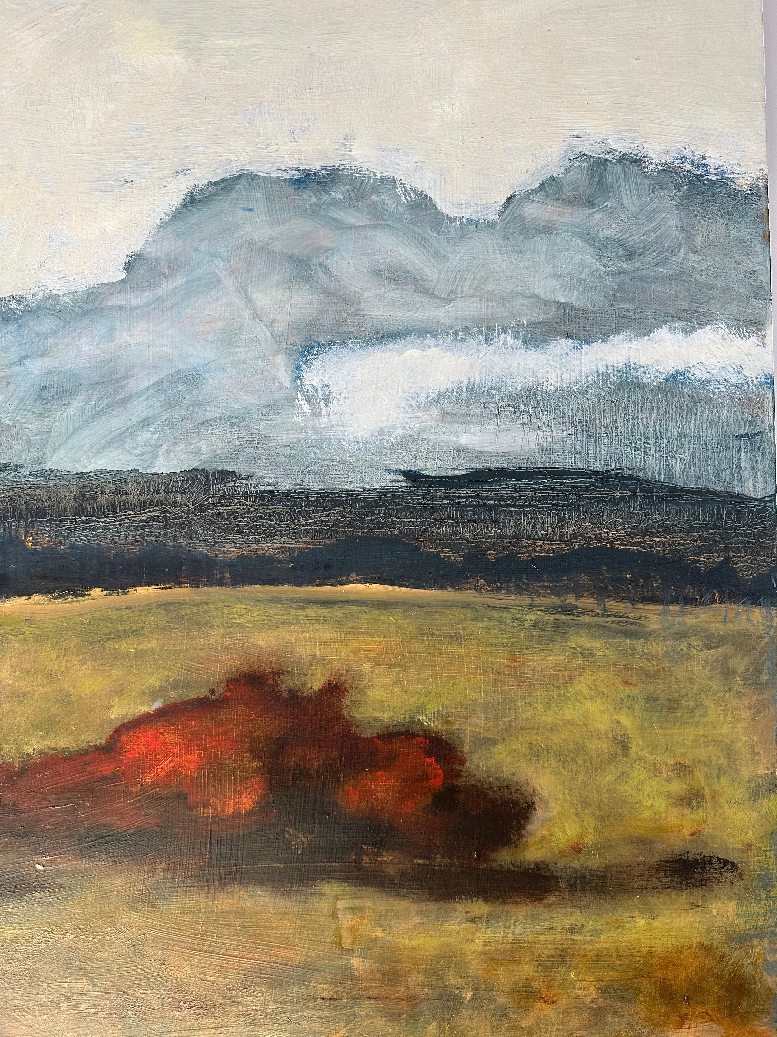 Dans cette peinture de paysage contemporaine à l'huile sur panneau, de vastes nuages gris flottent dans un ciel bleu idyllique au-dessus d'un champ avec des arbustes rouge cramoisi et des montagnes vallonnées à l'horizon dans le lointain. Signé,