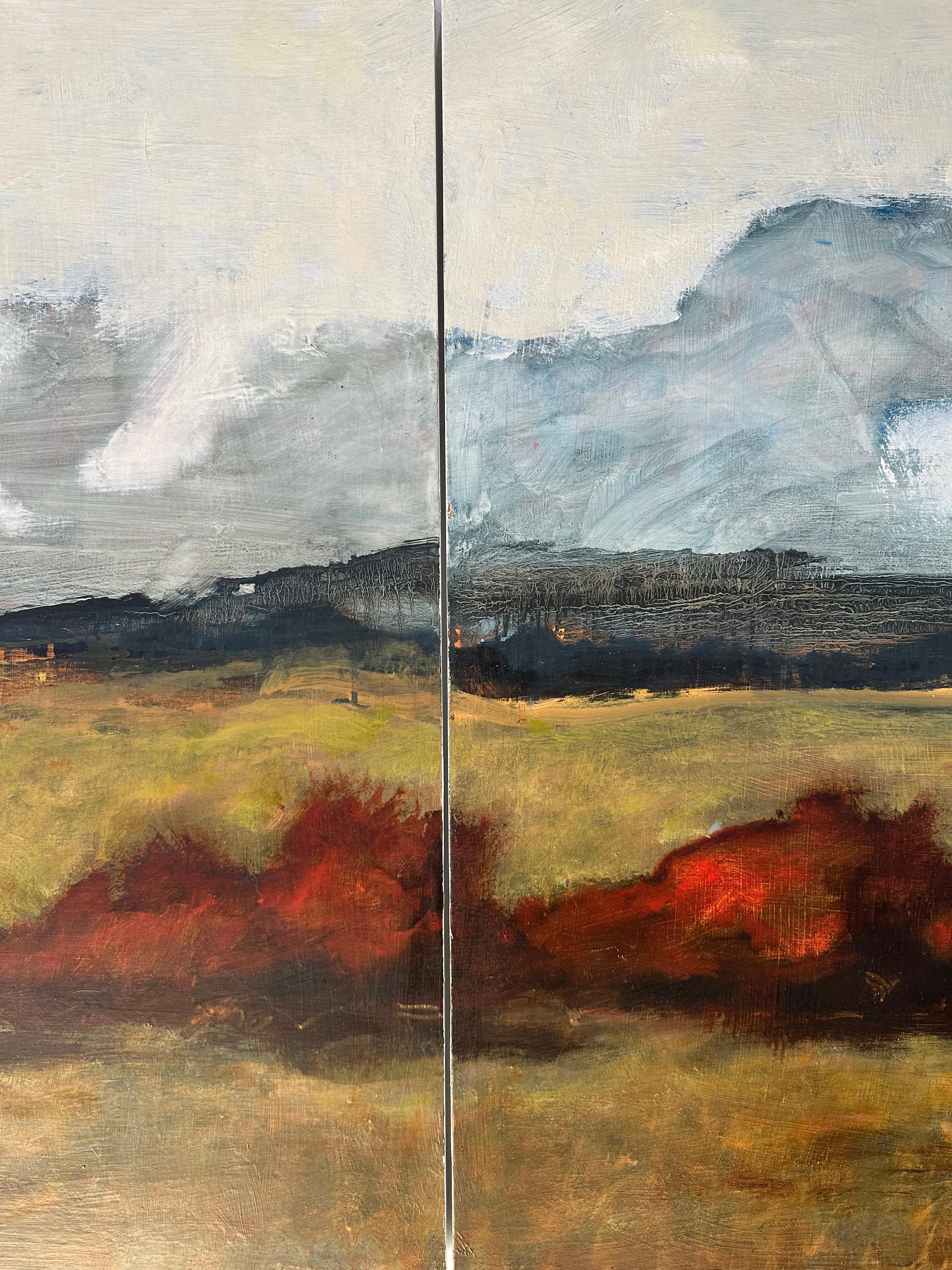 Firebush - Contemporary Landscape Clouds Brown Mountain Hills Red Bush, 2024 (en anglais) en vente 1
