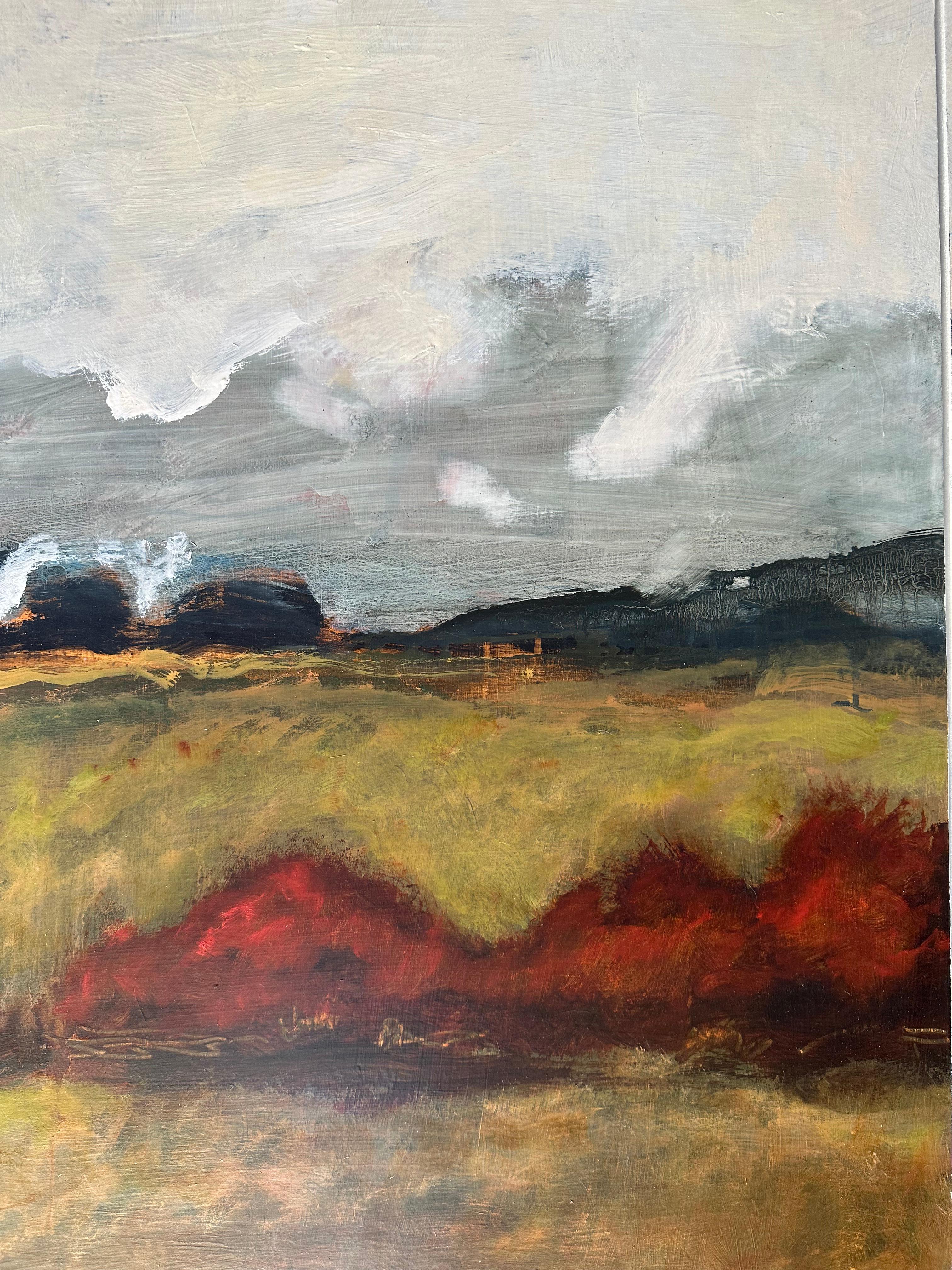 Firebush - Contemporary Landscape Clouds Brown Mountain Hills Red Bush, 2024 (en anglais) en vente 2