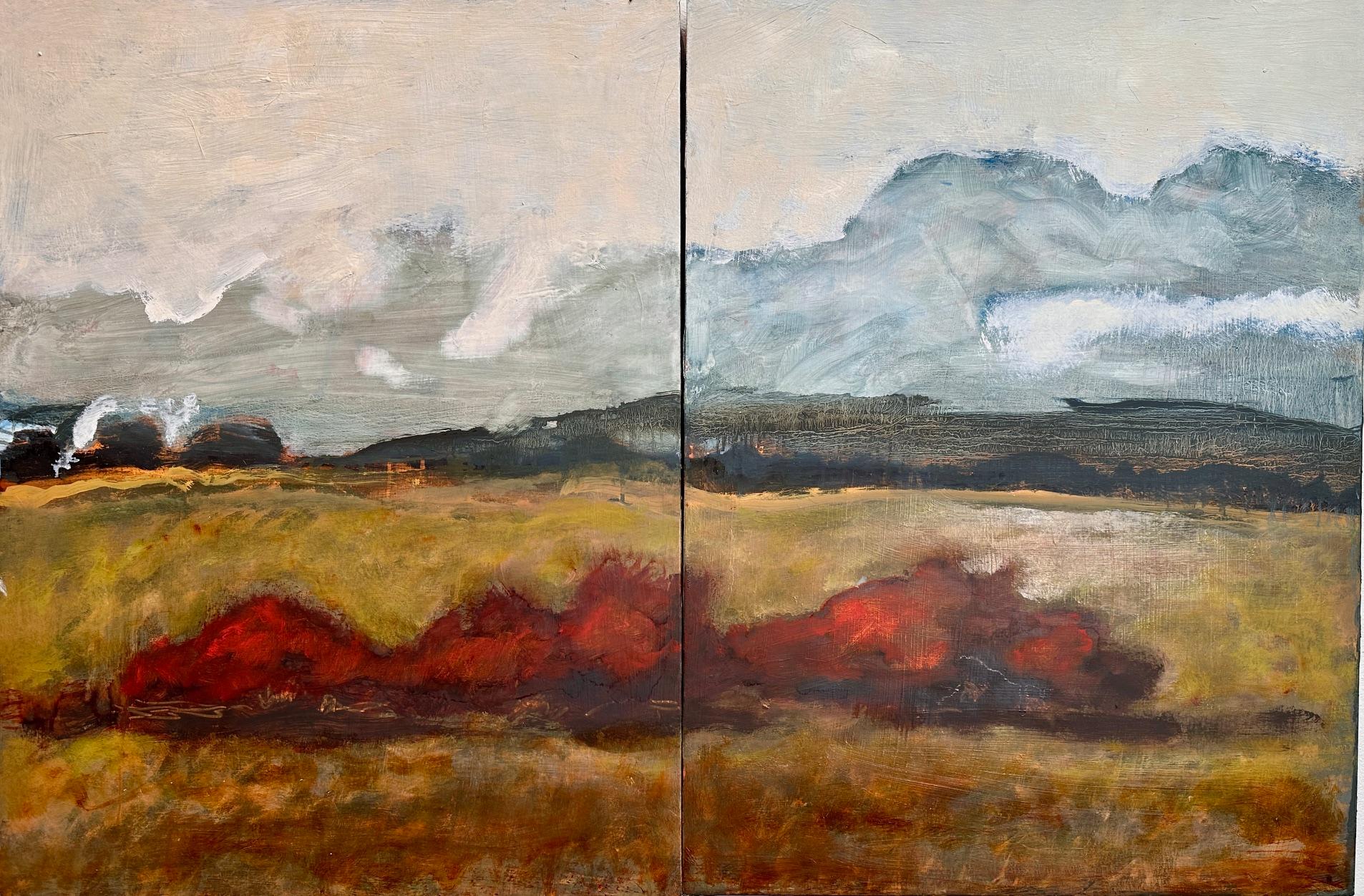 Landscape Painting David Konigsberg - Firebush - Contemporary Landscape Clouds Brown Mountain Hills Red Bush, 2024 (en anglais)