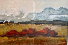 Firebush - Contemporary Landscape Clouds Brown Mountain Hills Red Bush, 2024