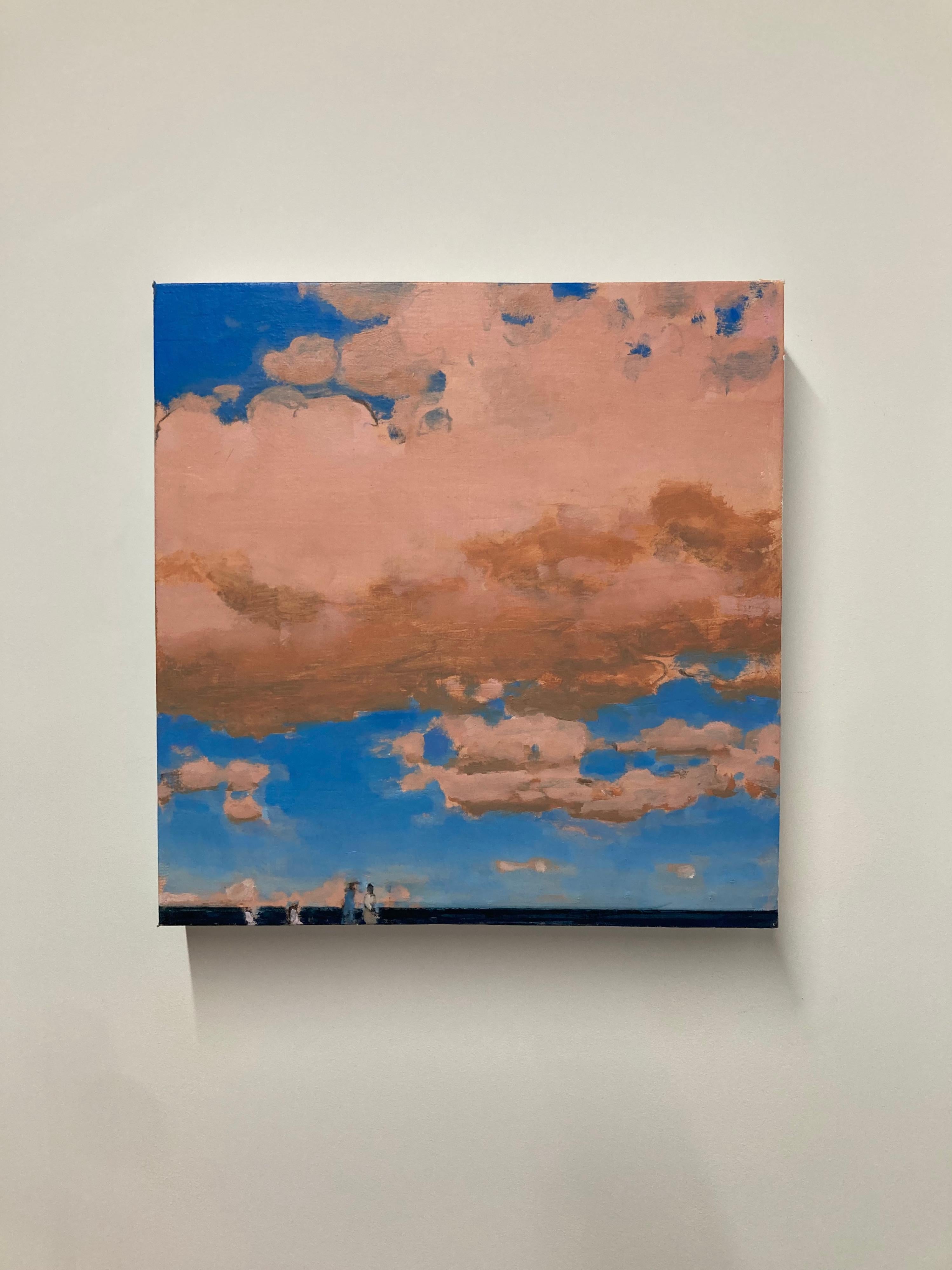 Five, Summer Beach Landscape, Salmon Pink Clouds, Blue Sky, Navy Ocean, Figures For Sale 7