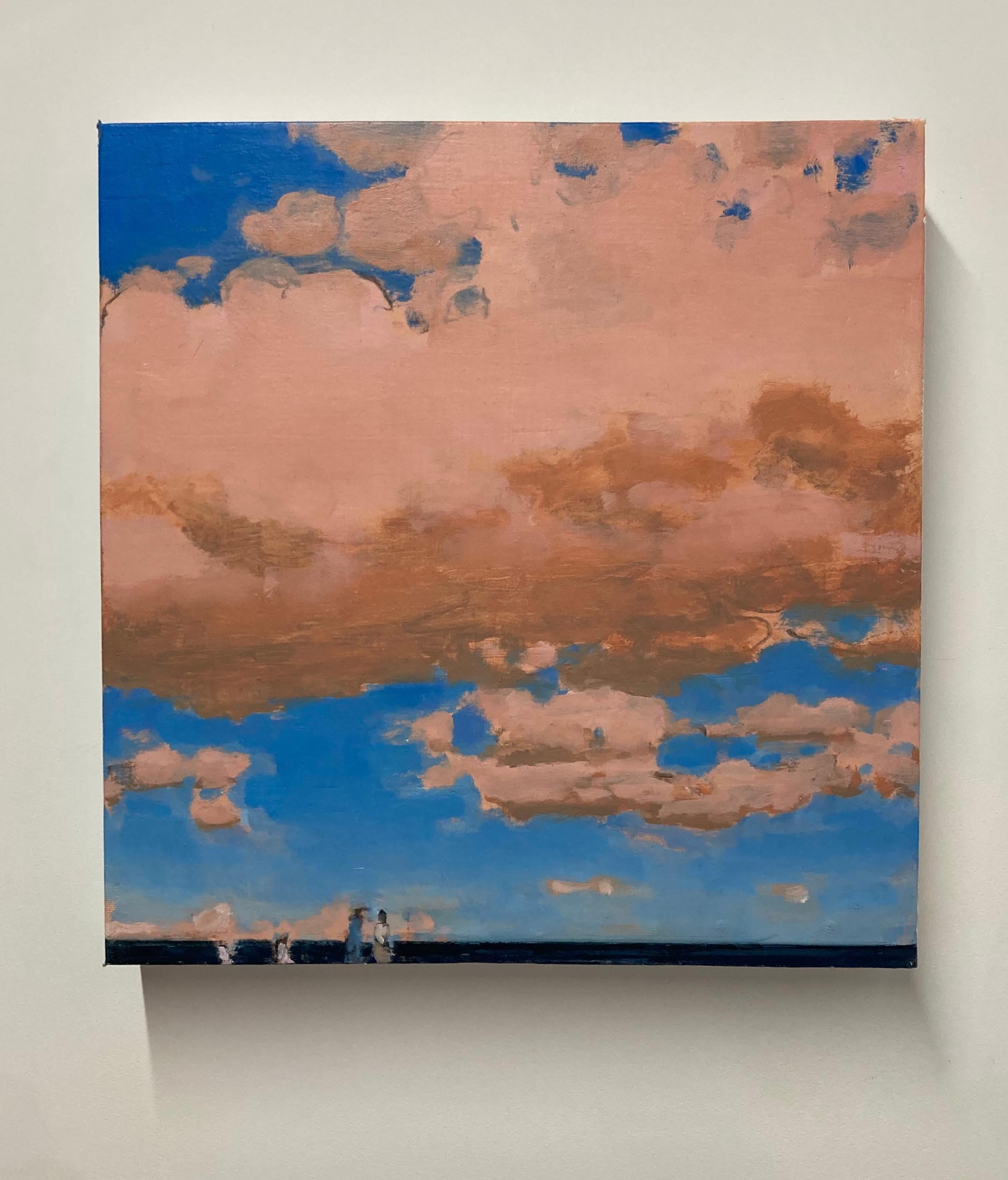Five, Summer Beach Landscape, Salmon Pink Clouds, Blue Sky, Navy Ocean, Figures - Painting by David Konigsberg