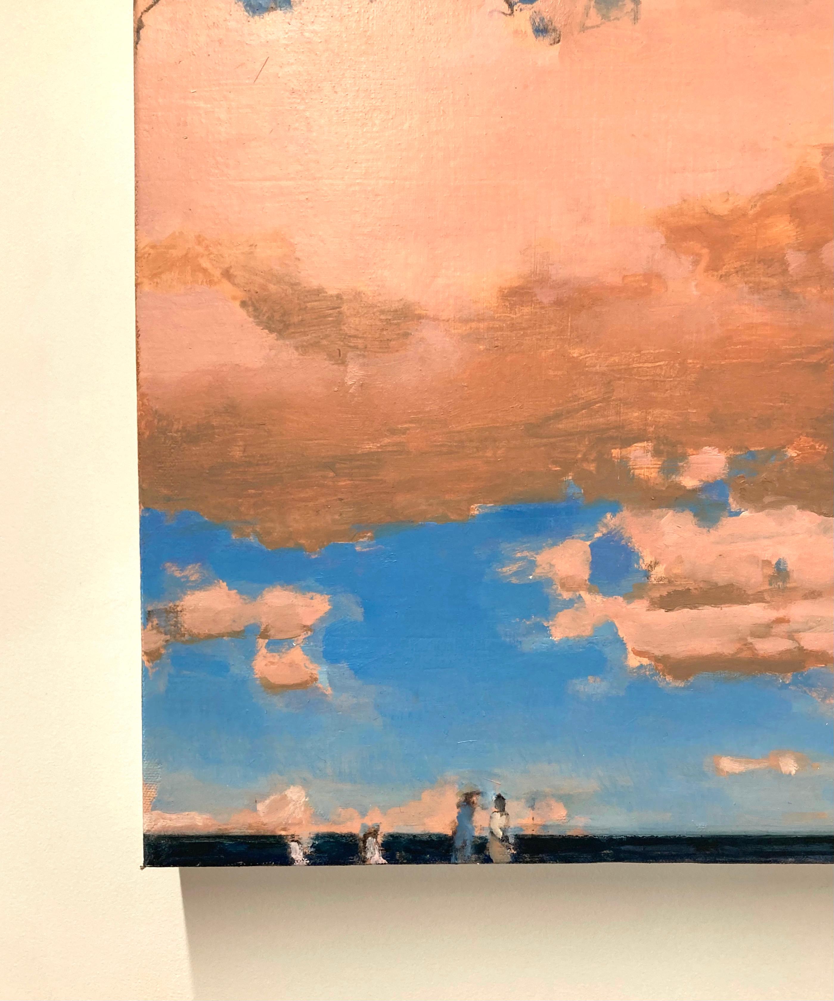 Five, Summer Beach Landscape, Salmon Pink Clouds, Blue Sky, Navy Ocean, Figures For Sale 1