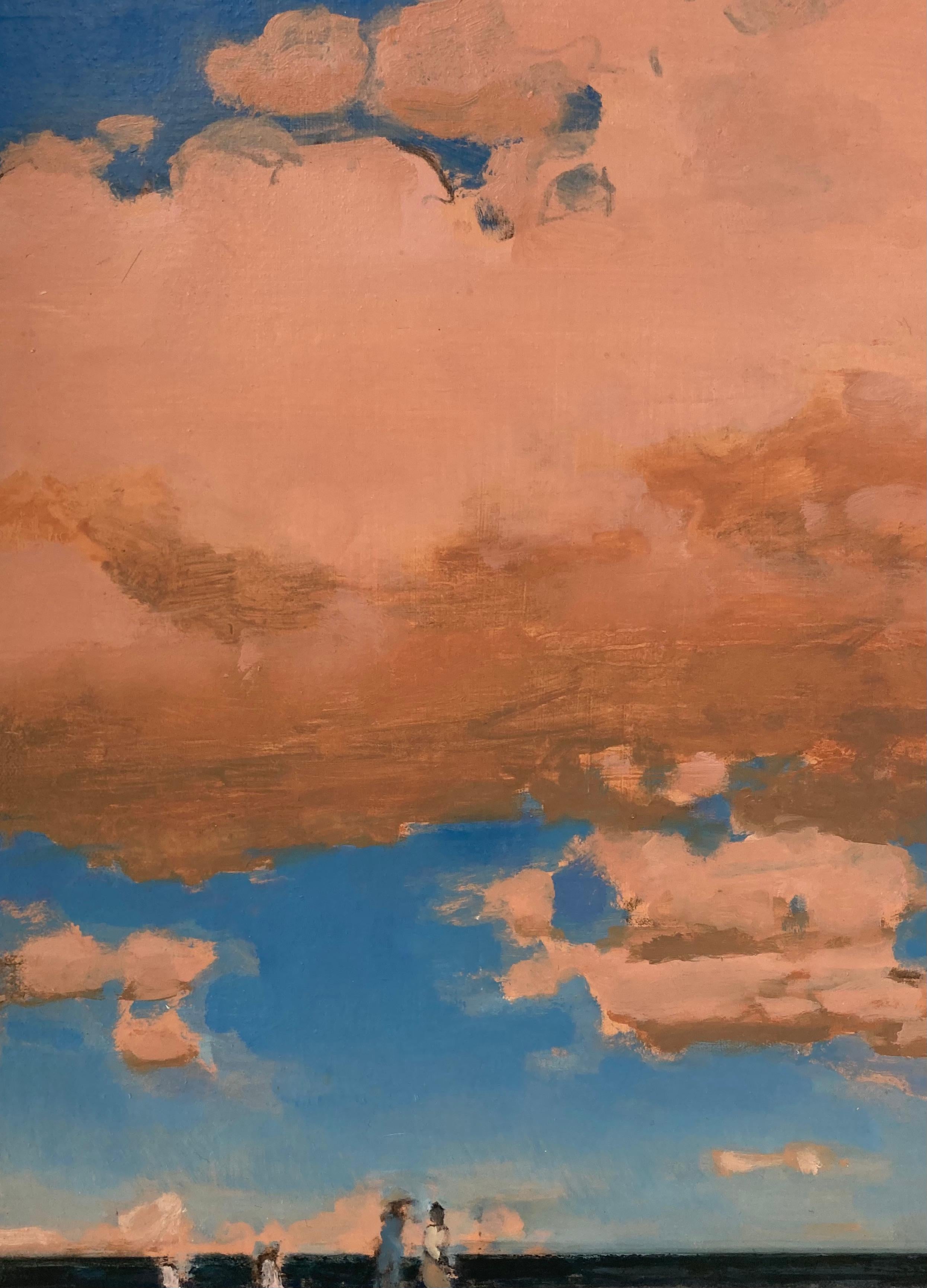 Five, Summer Beach Landscape, Salmon Pink Clouds, Blue Sky, Navy Ocean, Figures For Sale 3