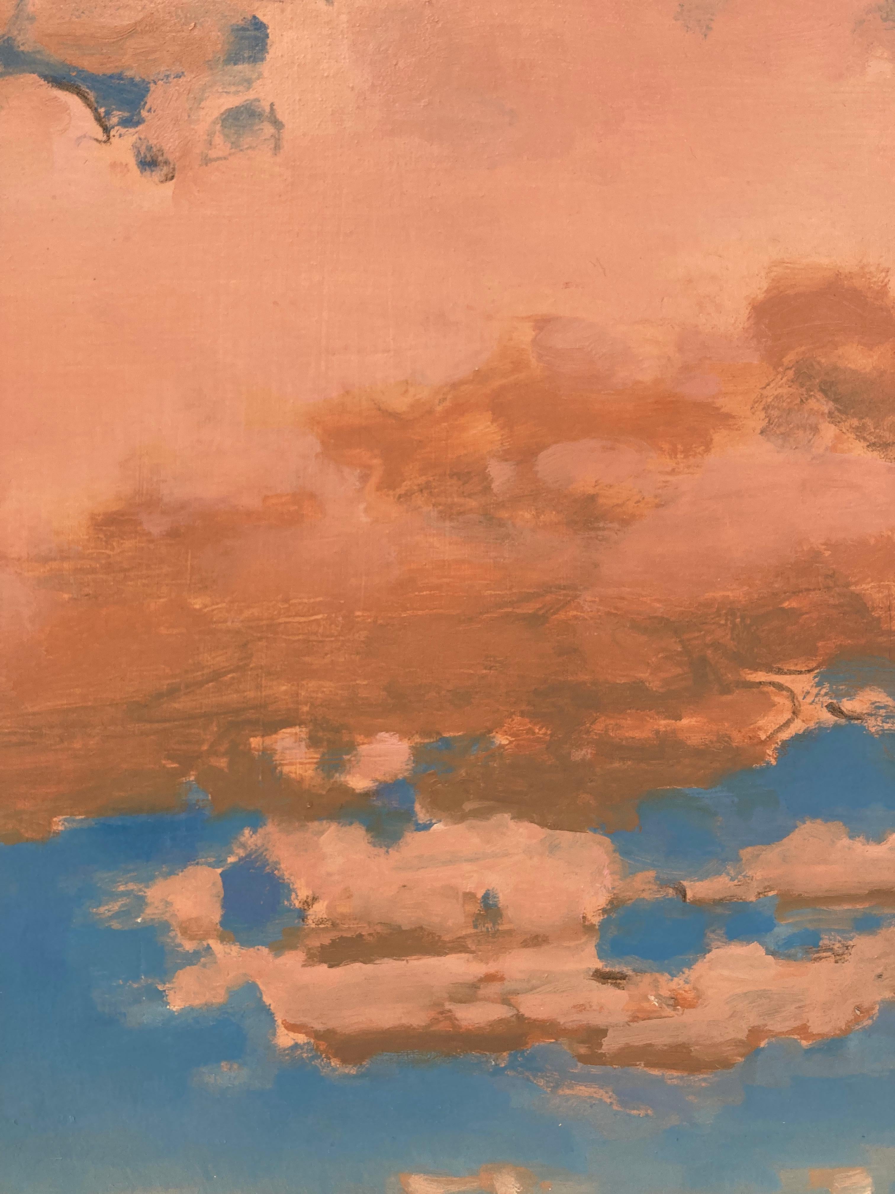 Five, Summer Beach Landscape, Salmon Pink Clouds, Blue Sky, Navy Ocean, Figures For Sale 4
