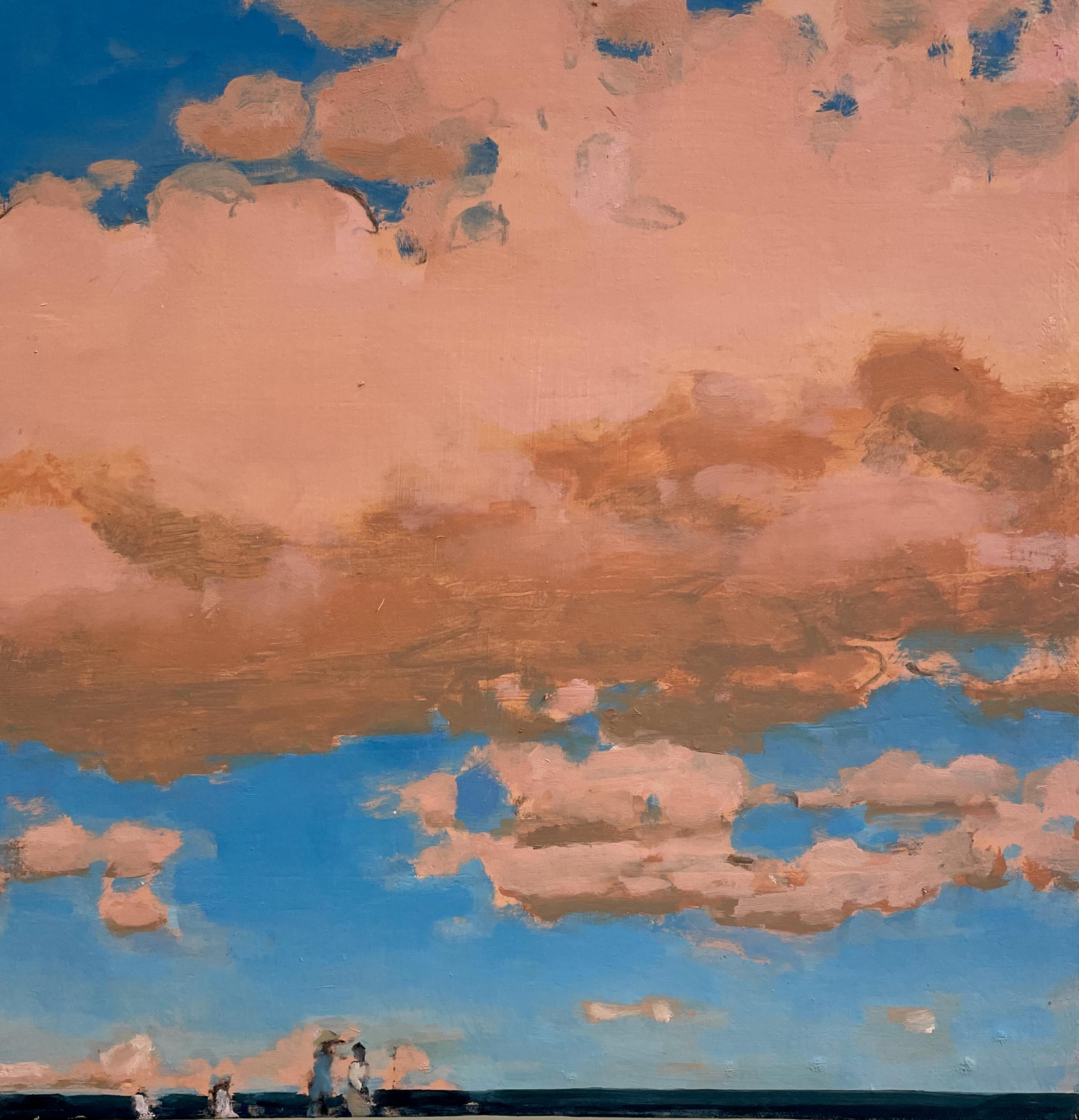 David Konigsberg Figurative Painting - Five, Summer Beach Landscape, Salmon Pink Clouds, Blue Sky, Navy Ocean, Figures