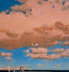 Cinq, paysage de plage d'été, nuages rose saumon, ciel bleu, océan bleu